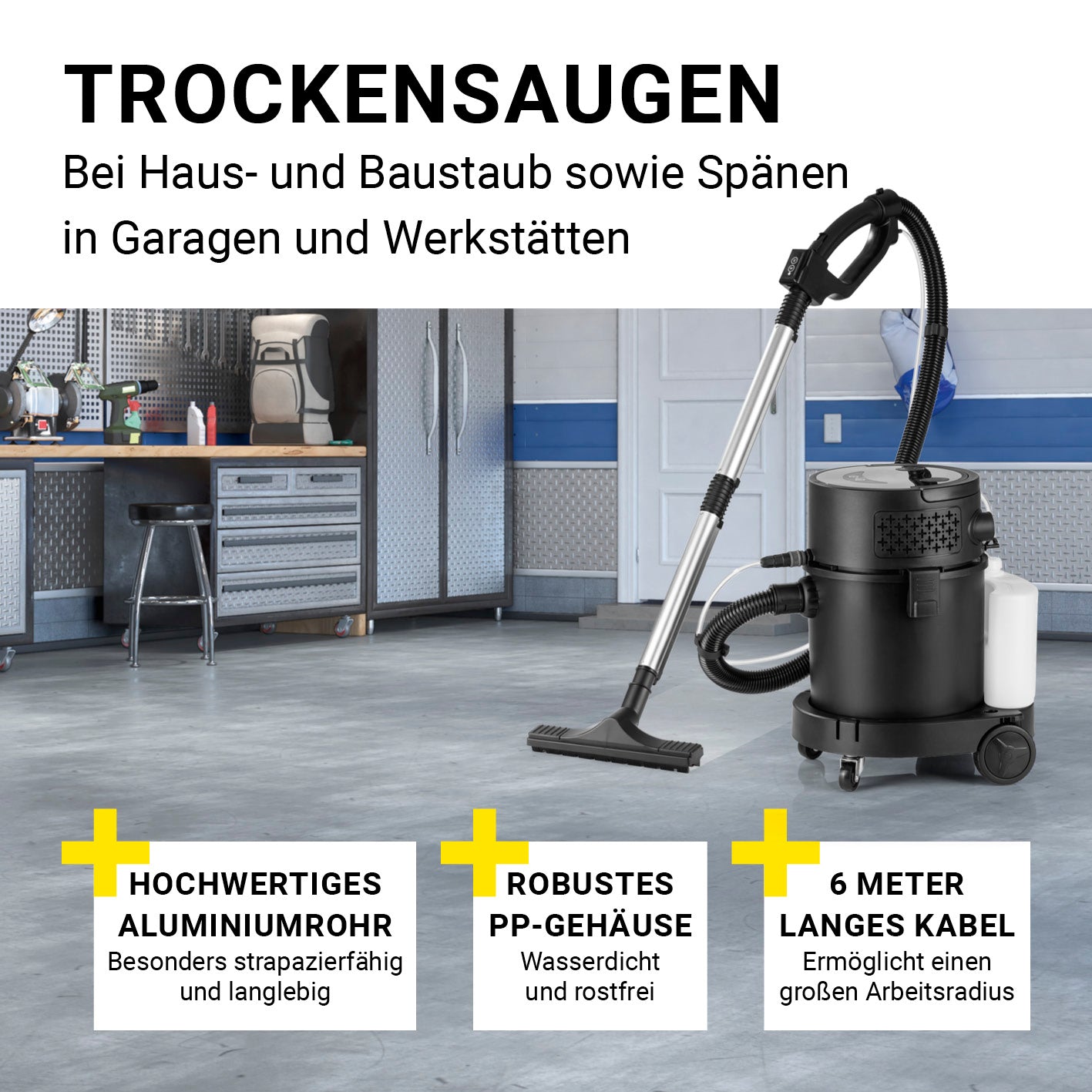 Sprüh- und Waschsauger Deep Clean mit hochwertigem Aluminiumrohr, robustem PP-Gehäuse und 6 Meter langem Kabel für effektives Trockensaugen.