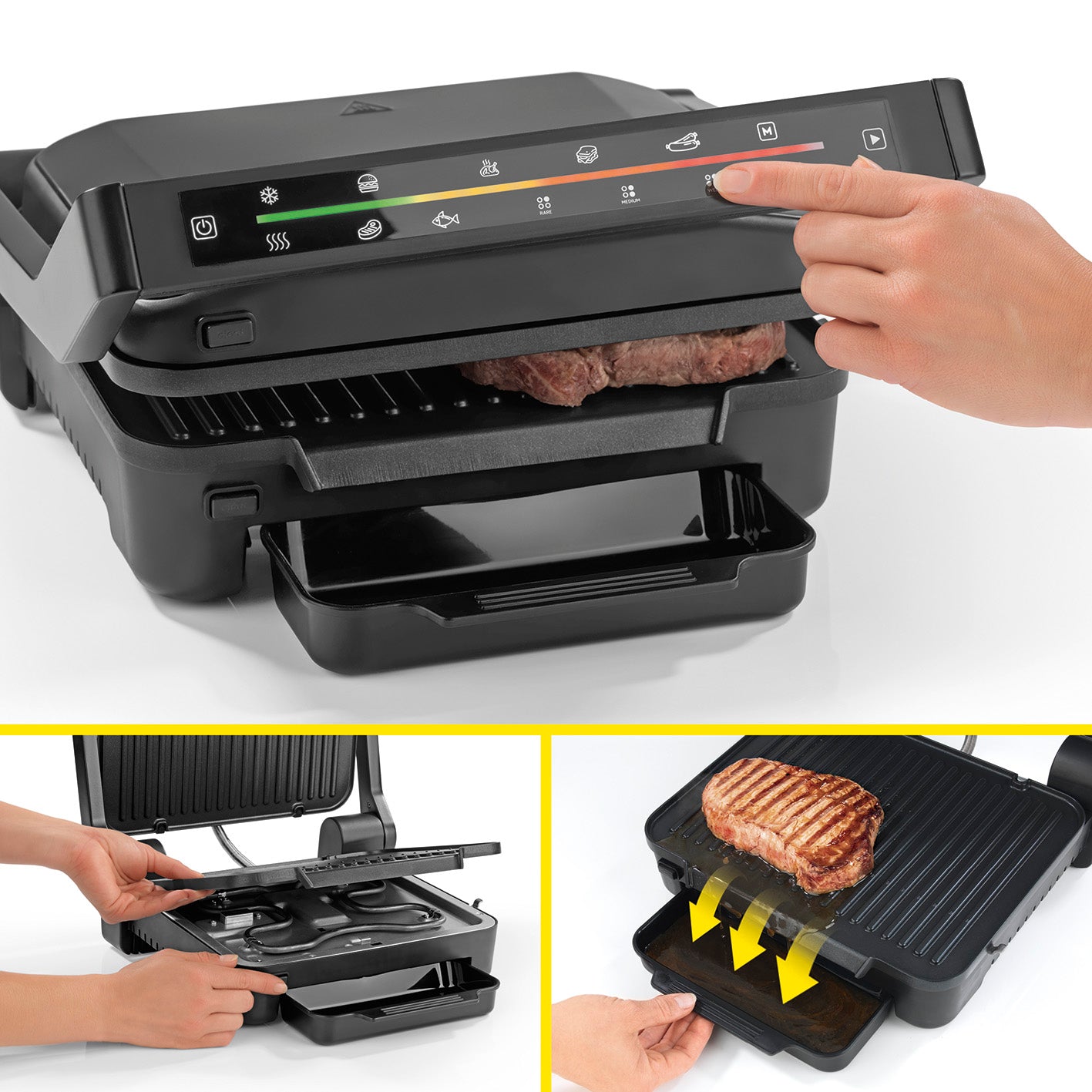 Digital-Kontakt-Grill Midnight Edition 2000W mit Touch-Display, 6 Grillprogrammen und abnehmbaren, antihaftbeschichteten Grillplatten.
