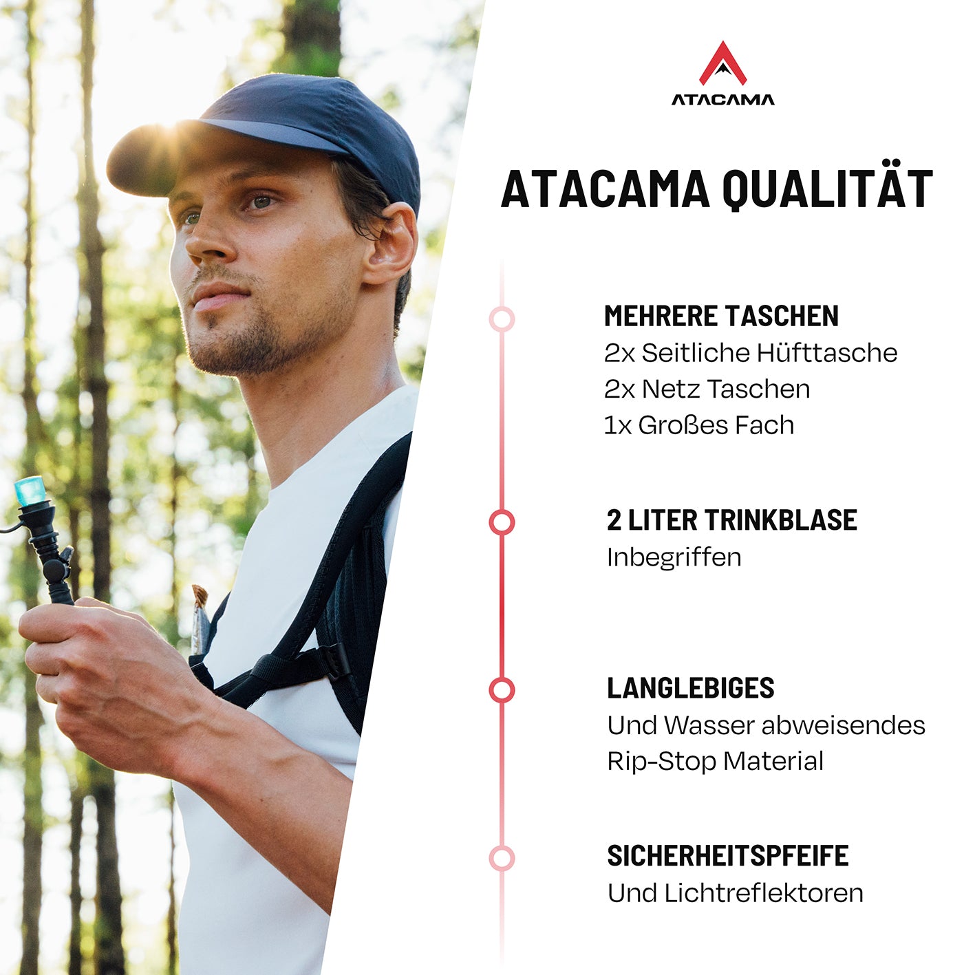 Trinkrucksack - inkl. Trinkblase 2L mit mehreren Taschen, langlebigem Material, 2 Liter Trinkblase und Sicherheits-Pfeife.