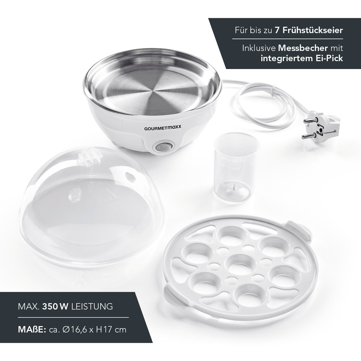 Eierkocher für 7 Eier mit transparentem Deckel, integriertem Ei-Pick und beleuchtetem Ein-/Ausschalter, inkl. Messbecher und Eierhalter.