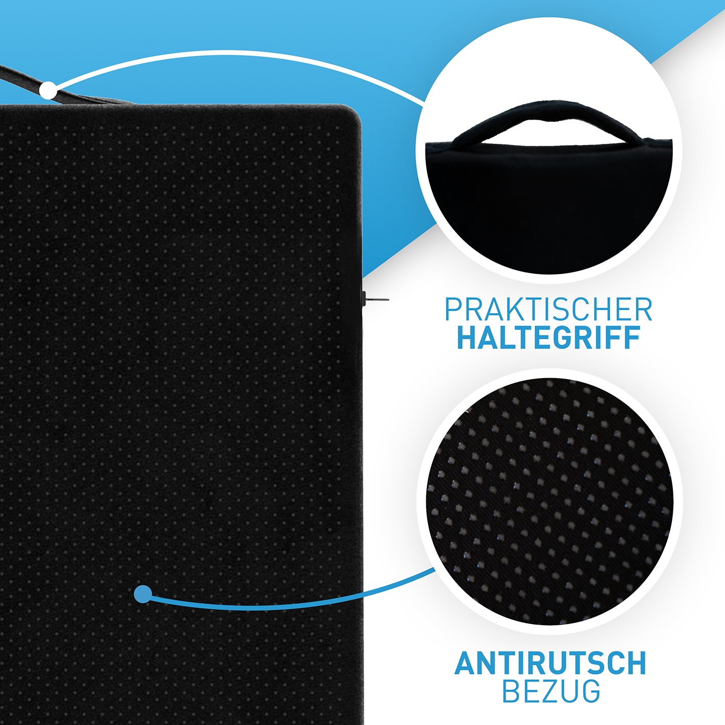 Stuhl-Keilkissen mit Samtbezug - Schwarz, rutschfester Bezug und praktischer Haltegriff für mehr Komfort beim Sitzen.