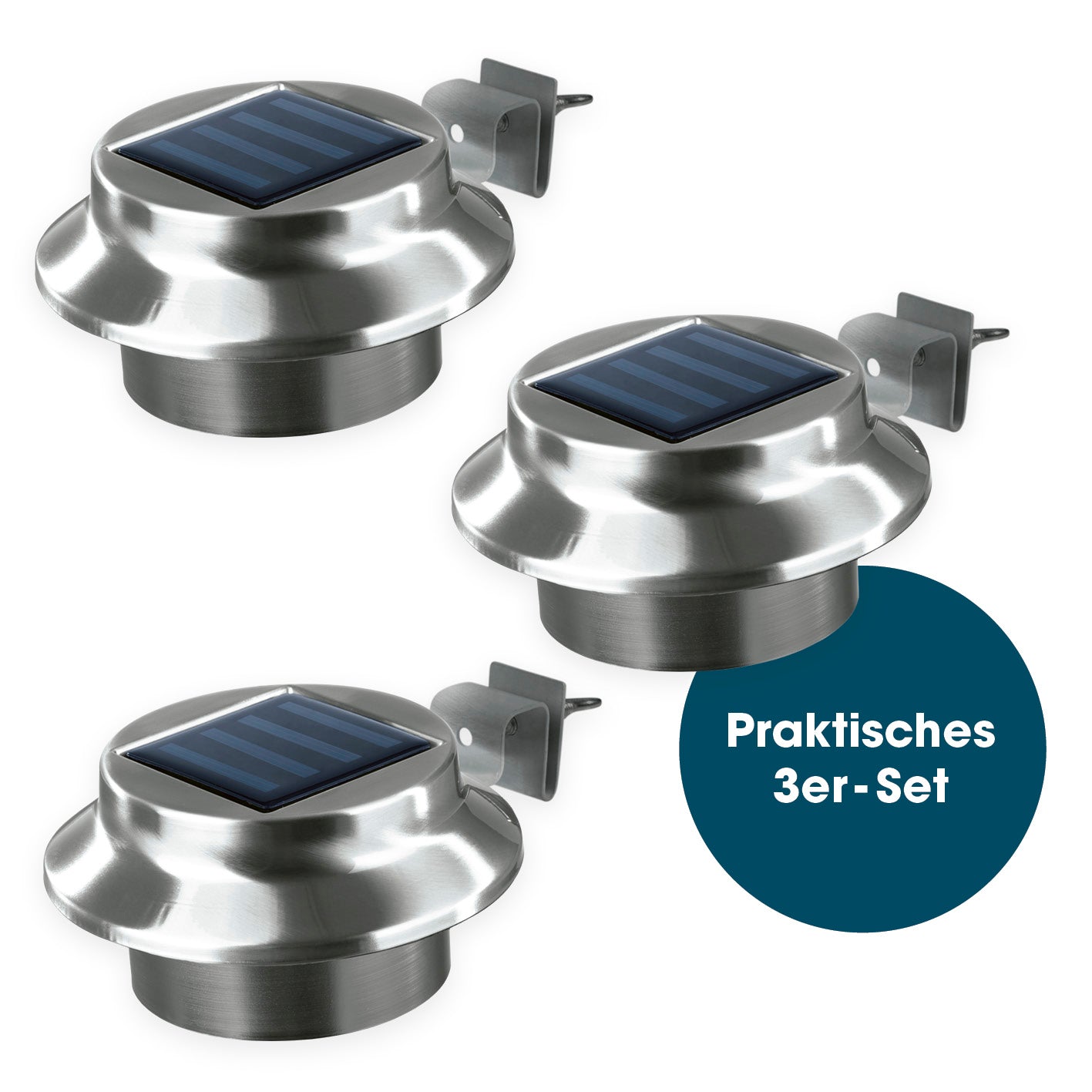 Solar Dachrinnenleuchten in Edelstahl, 3er-Set mit Solarpanel und Montagehalterung für einfache Befestigung an Dachrinne oder Gartenzaun.