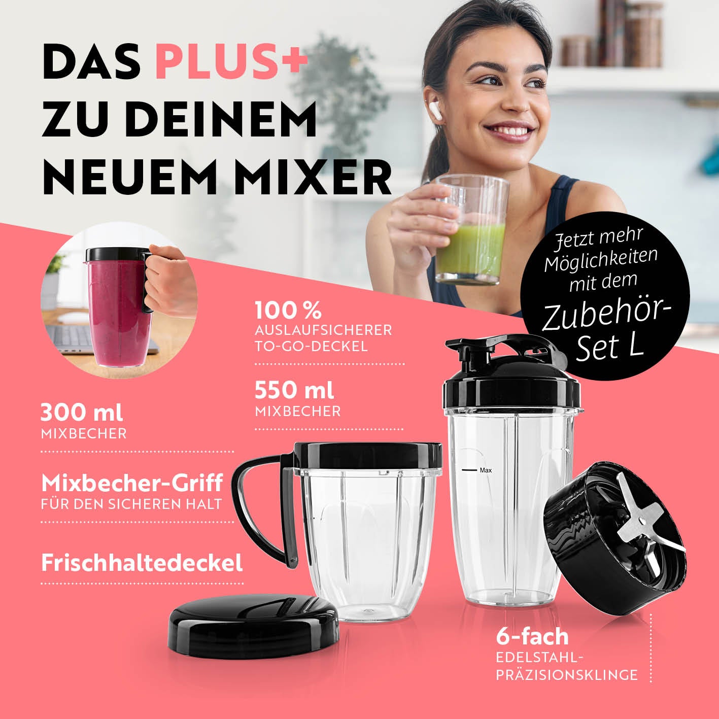 Nutrition Mixer Pro 1.000 mit Zubehörset L - Schwarz/Silber zeigt Mixerbecher, to-go-Deckel und 6-fach Edelstahlklinge für vielseitiges Mixen.