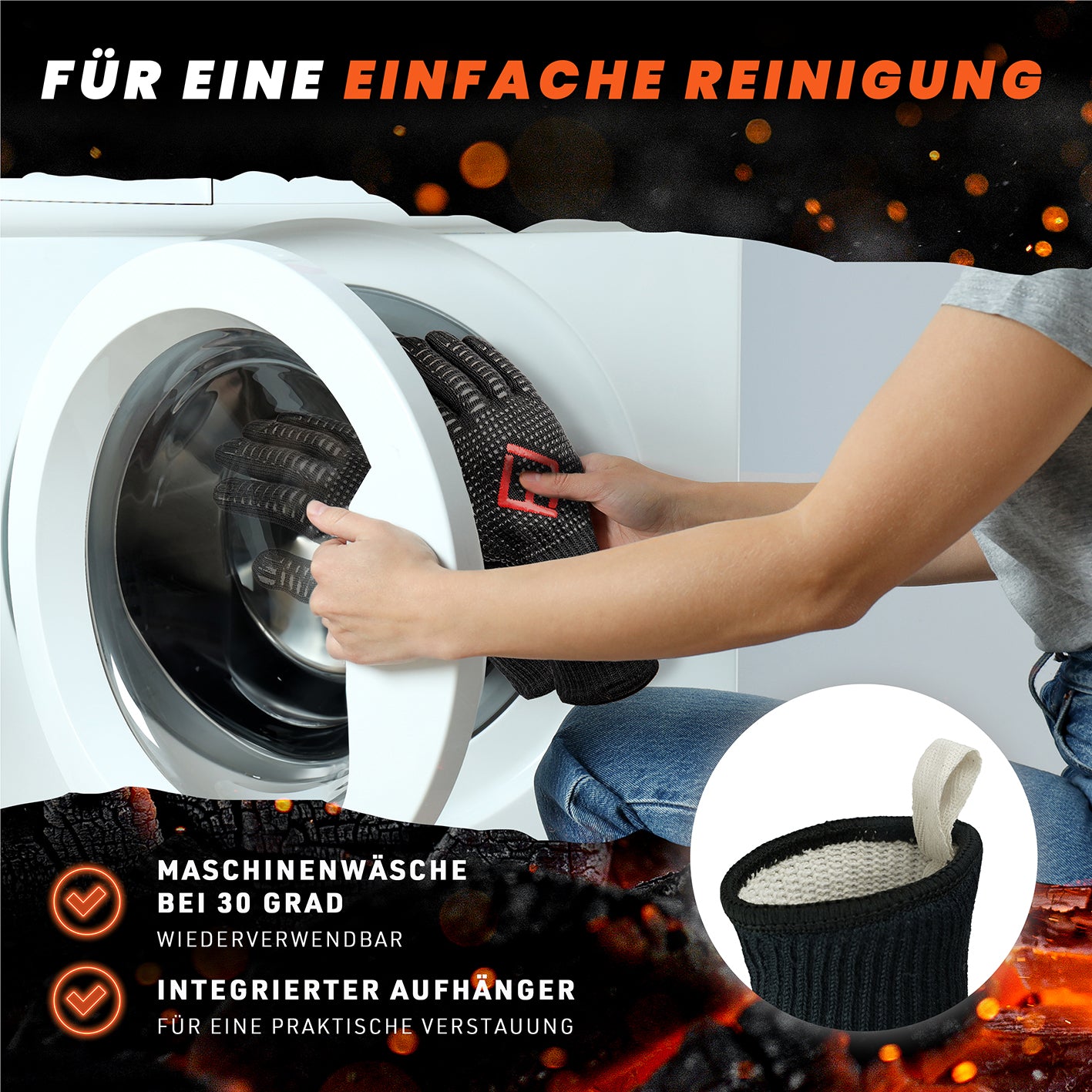 Grillhandschuhe - Größe M in der Hand gehalten, werden in Waschmaschine zur Reinigung mit 30 Grad gewaschen.