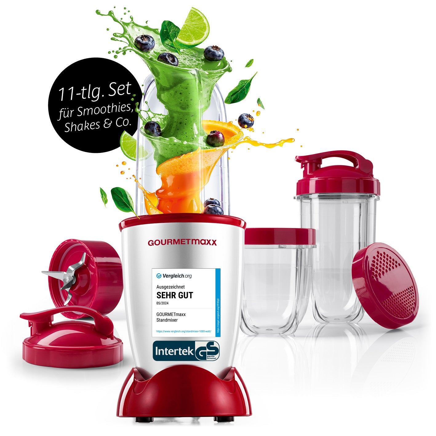 Mr. Magic Power 400 Pro mit Zubehörset L - Silber/Rot kompakter Standmixer mit 11-teiligem Set für Smoothies und Shakes
