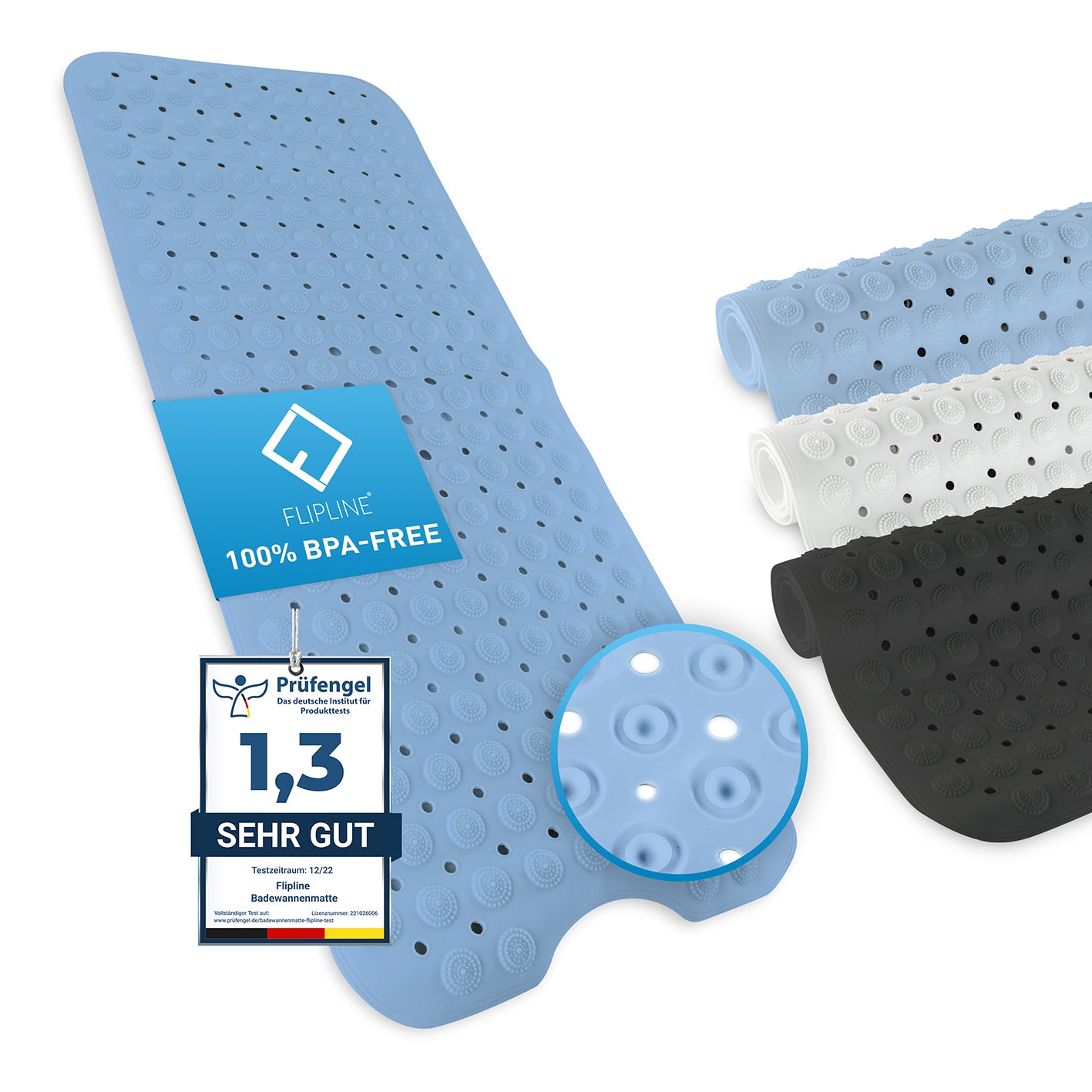 Badewannenmatte - Blau - 100 x 40 cm, rutschfest, BPA-frei, mit 200 Saugnoppen, waschbar bis 30°, softes TPE, groß und sicher.