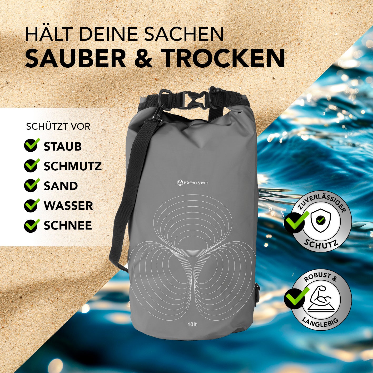 Dry Bag 10L - Grau mit wasserdichtem Rolltop, robustem Verschluss und verstellbarem Schultergurt für sicheren Schutz vor Wasser und Schmutz.