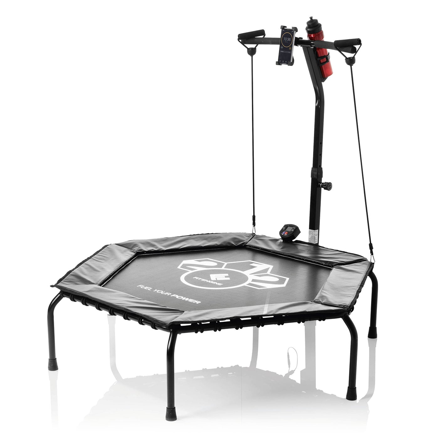 Fitness-Trampolin Smart mit 5-fach höhenverstellbarem Haltegriff, Trainingscomputer, Expanderbändern und rutschfesten Füßen.