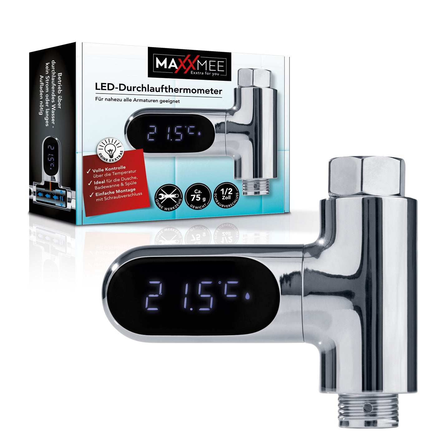 Thermometer für Wasserarmaturen - chromfarben mit LED-Temperaturanzeige, einfache Montage, für Dusche, Badewanne und Spüle.