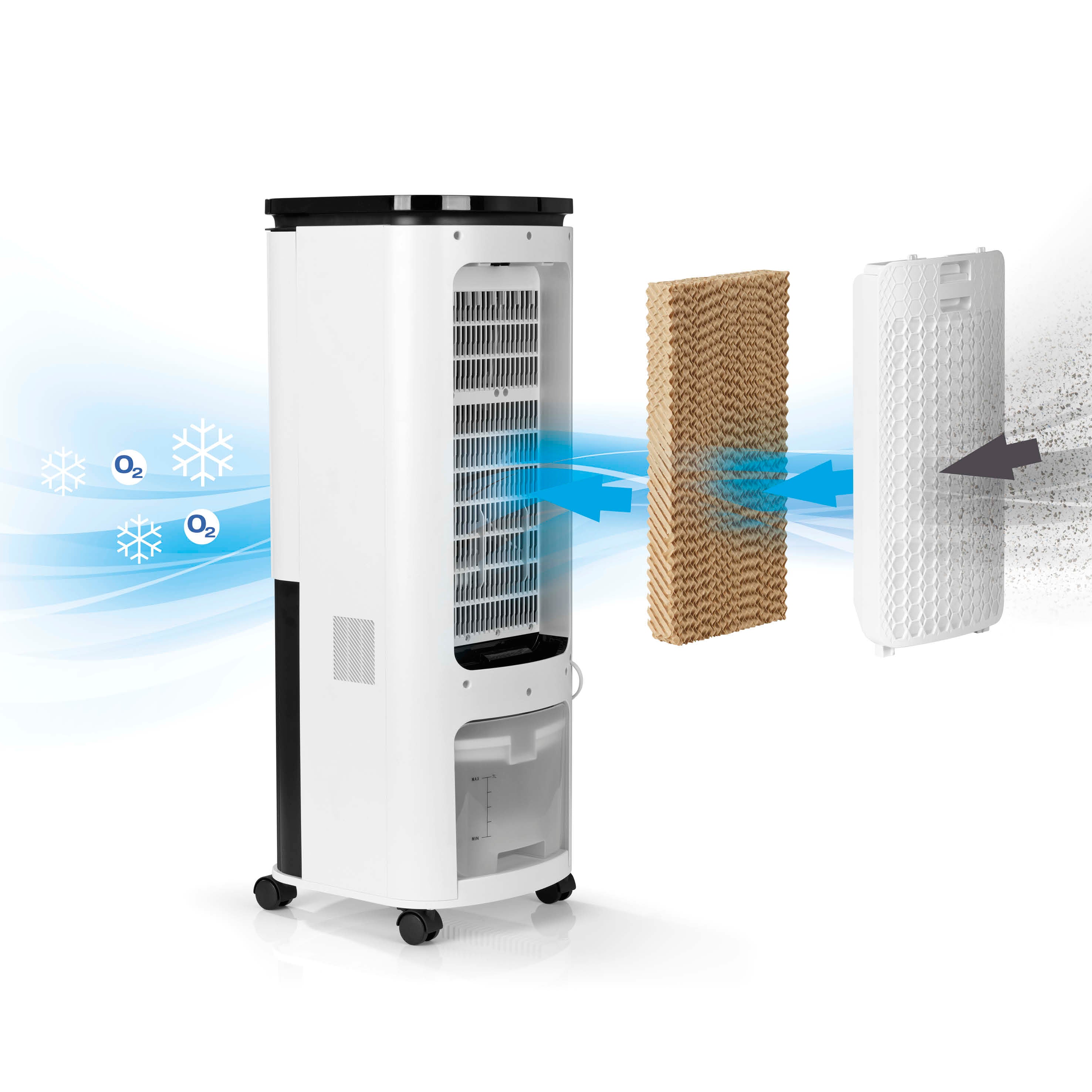 Luftkühler mit Peltier-Element mit Luftfilterung und Kühlfunktion für erfrischende, saubere und befeuchtete Raumluft.