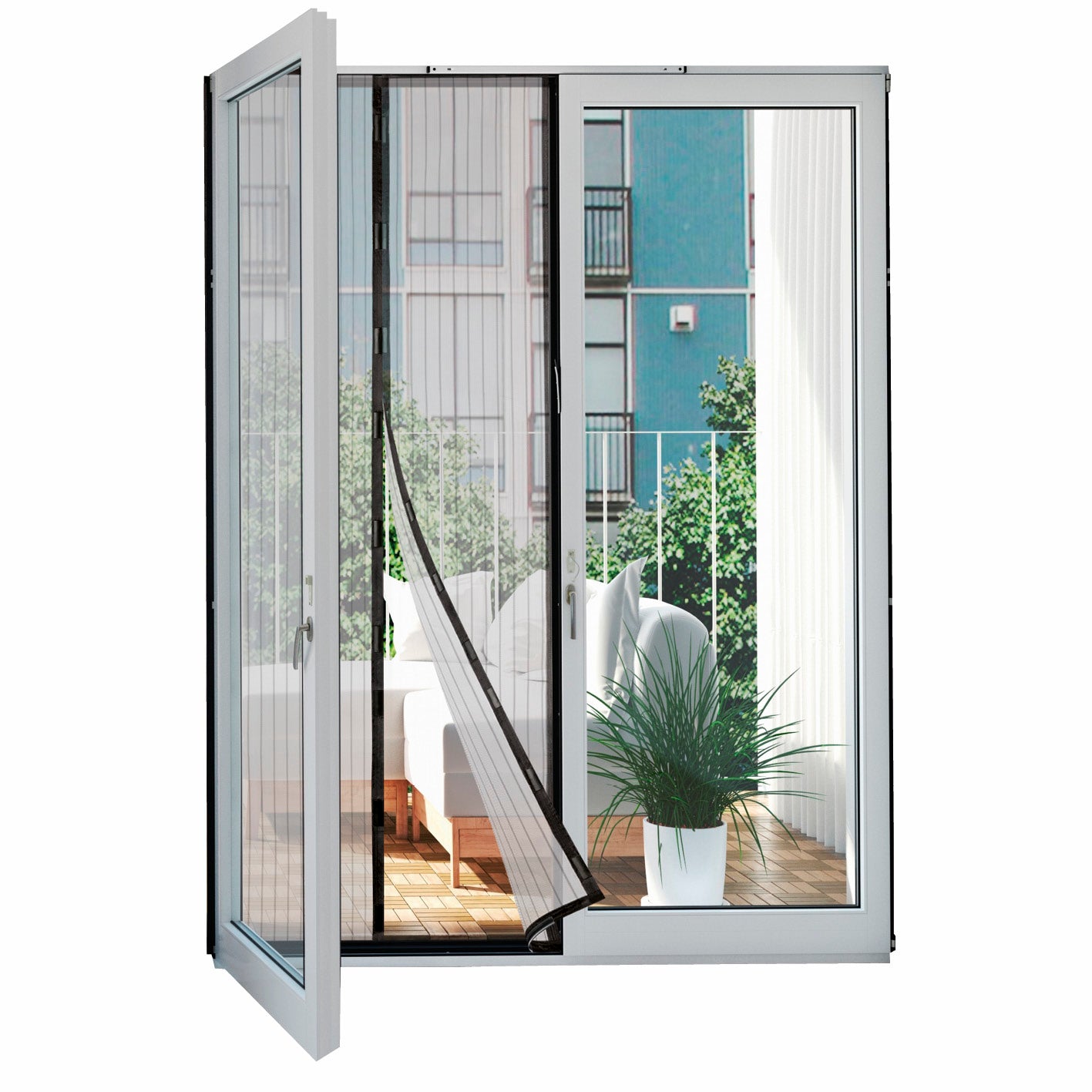 Tür-Insektenschutz 100 x 210 cm mit Magnetverschluss, selbstklebend, halbtransparent und luftdurchlässig für Balkontüren.