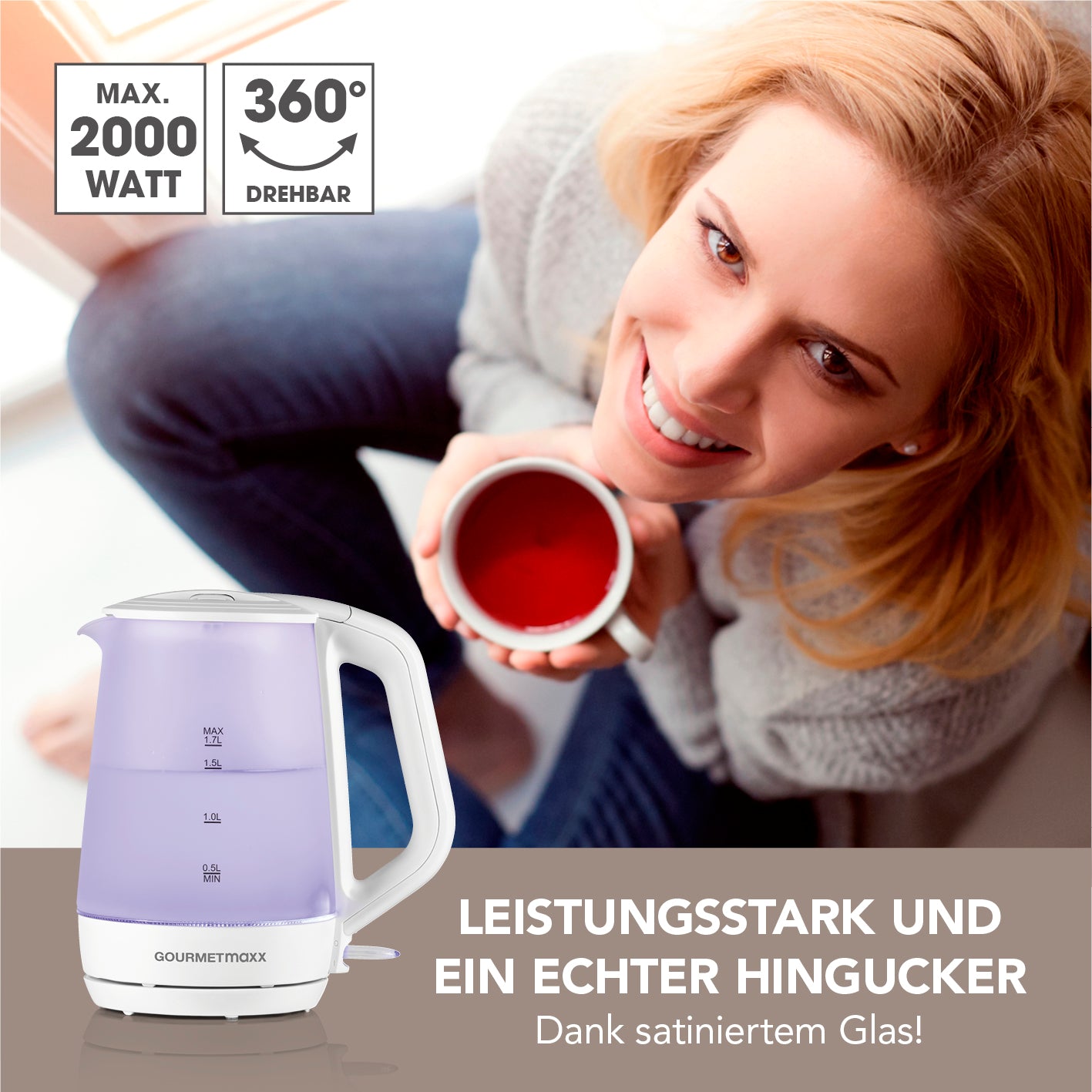 Glas-Wasserkocher mit Frostglas-Design - 1,7 Liter, 2000 Watt, kabellos, 360° drehbar, mit Wasserstandsanzeige und blauer LED-Beleuchtung.