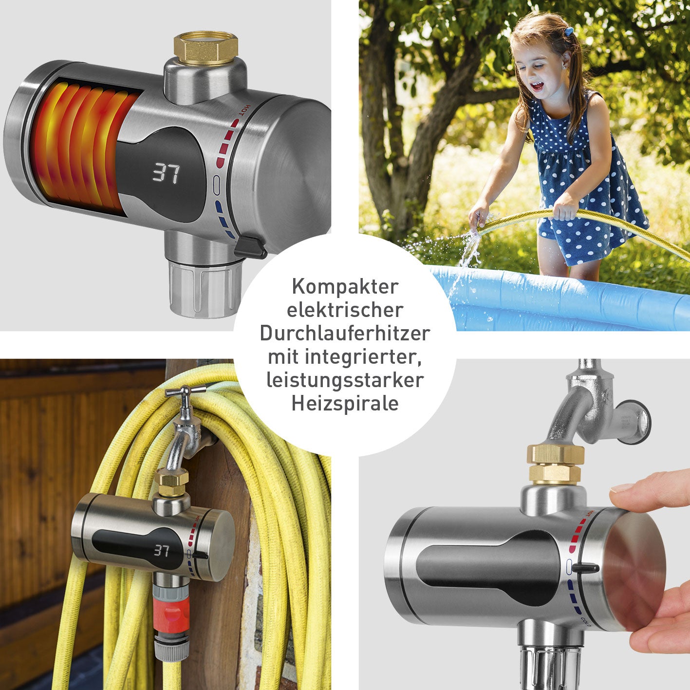 Durchlauferhitzer Kompakt, elektrischer Durchlauferhitzer aus Edelstahl mit LED-Temperaturanzeige, ideal für Garten und Terrasse, 60 °C.
