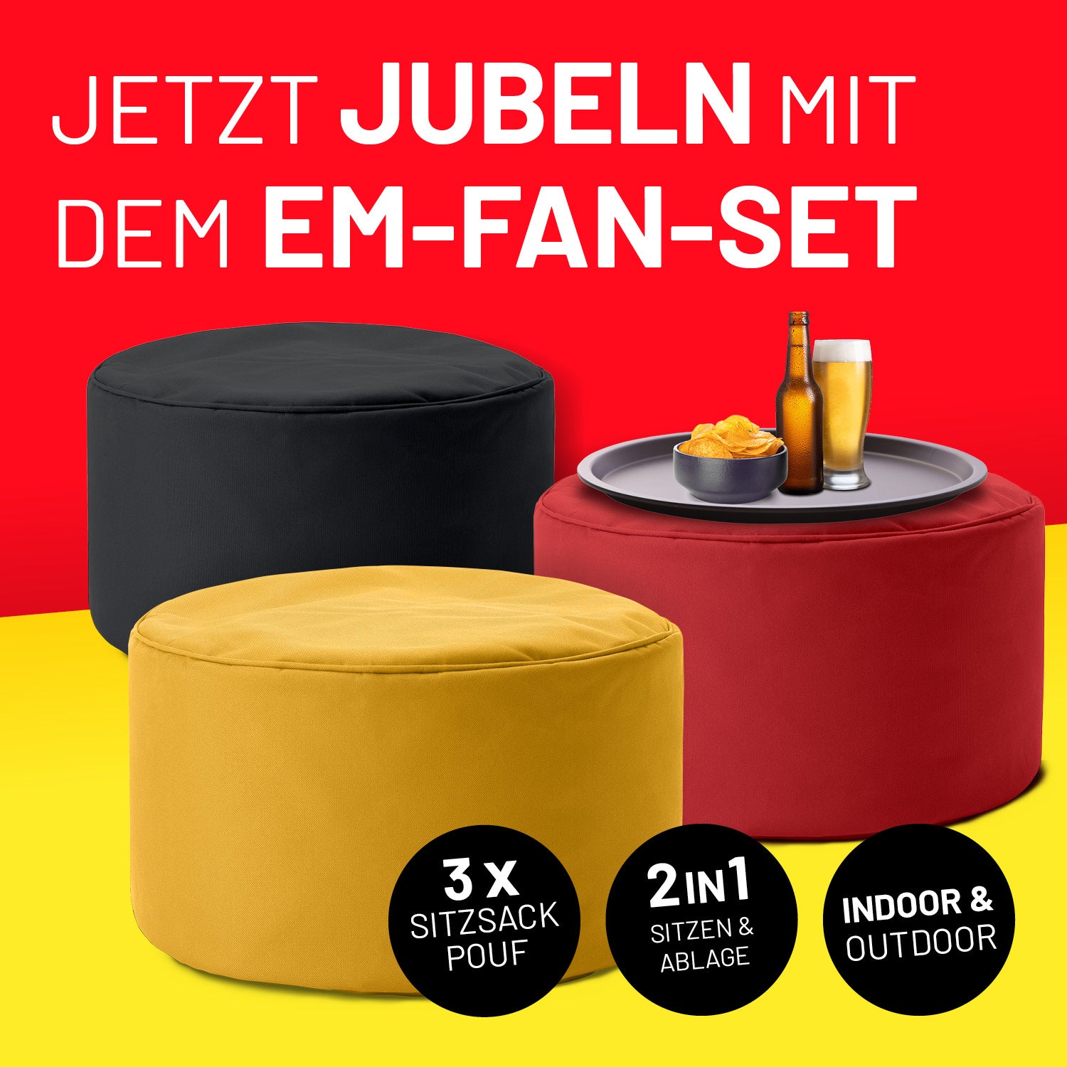 EM 2024 3er Deutschland-Set mit Sitzsack-Poufs in Schwarz, Rot und Gelb für Indoor & Outdoor, multifunktional als Sitzhocker und Ablage.