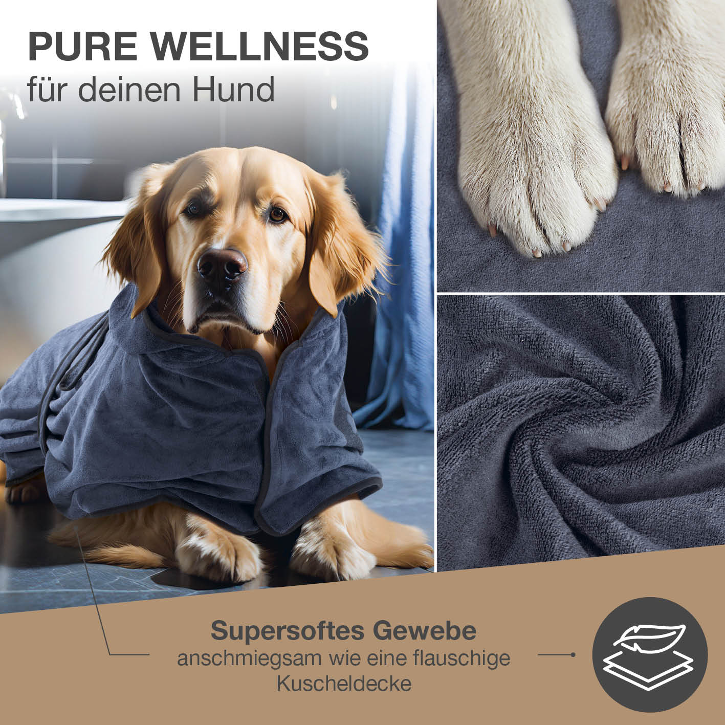 Hundebademantel - Größe S - beige/blau aus saugfähigem, schnelltrocknendem, weichem Material für kleine Hunde wie Yorkshire Terrier.