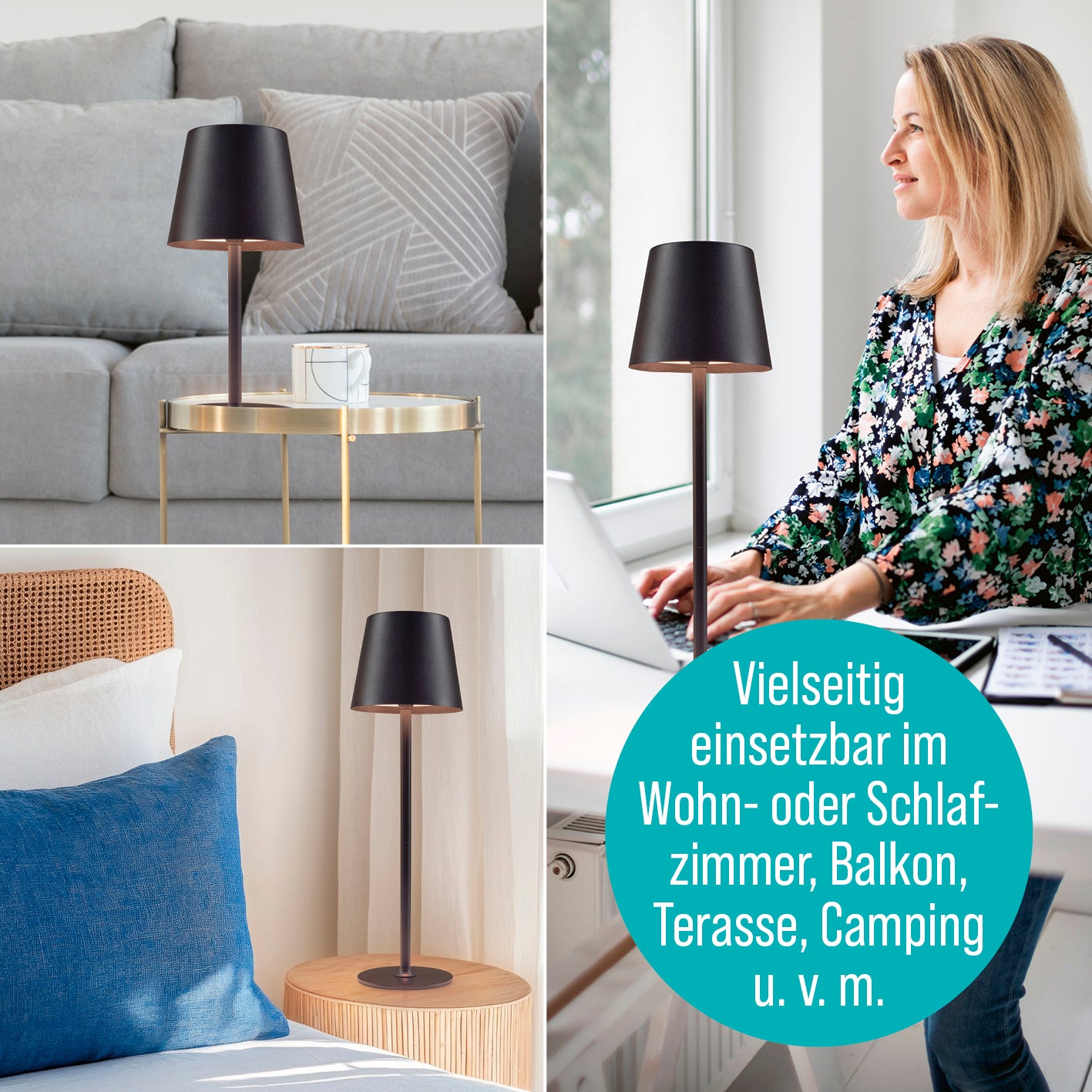 LED-Akku-Tischleuchte in modernem Design, kabellos, dimmbar, für Wohn-, Schlafraum, Balkon, Terrasse und Camping geeignet.