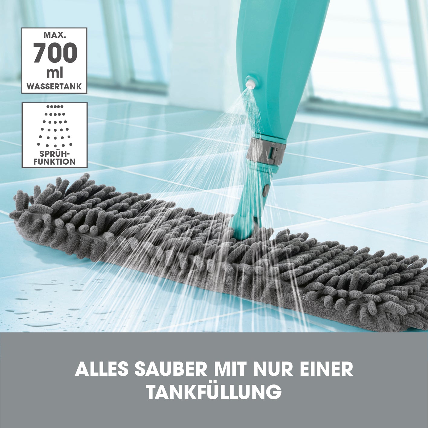 Spray-Mopp mit Wendefunktion - türkis mit 700 ml Wassertank und Sprühfunktion für einfache Nass- und Trockenreinigung.