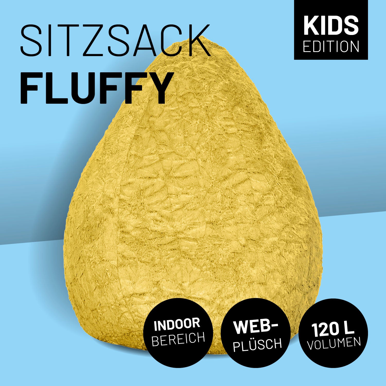 Luxury Fluffy Sitzsack (120 L) - indoor - Gelb, weicher Webplüsch, geruchsneutral, flexible Sitzgelegenheit für moderne Wohnungen.