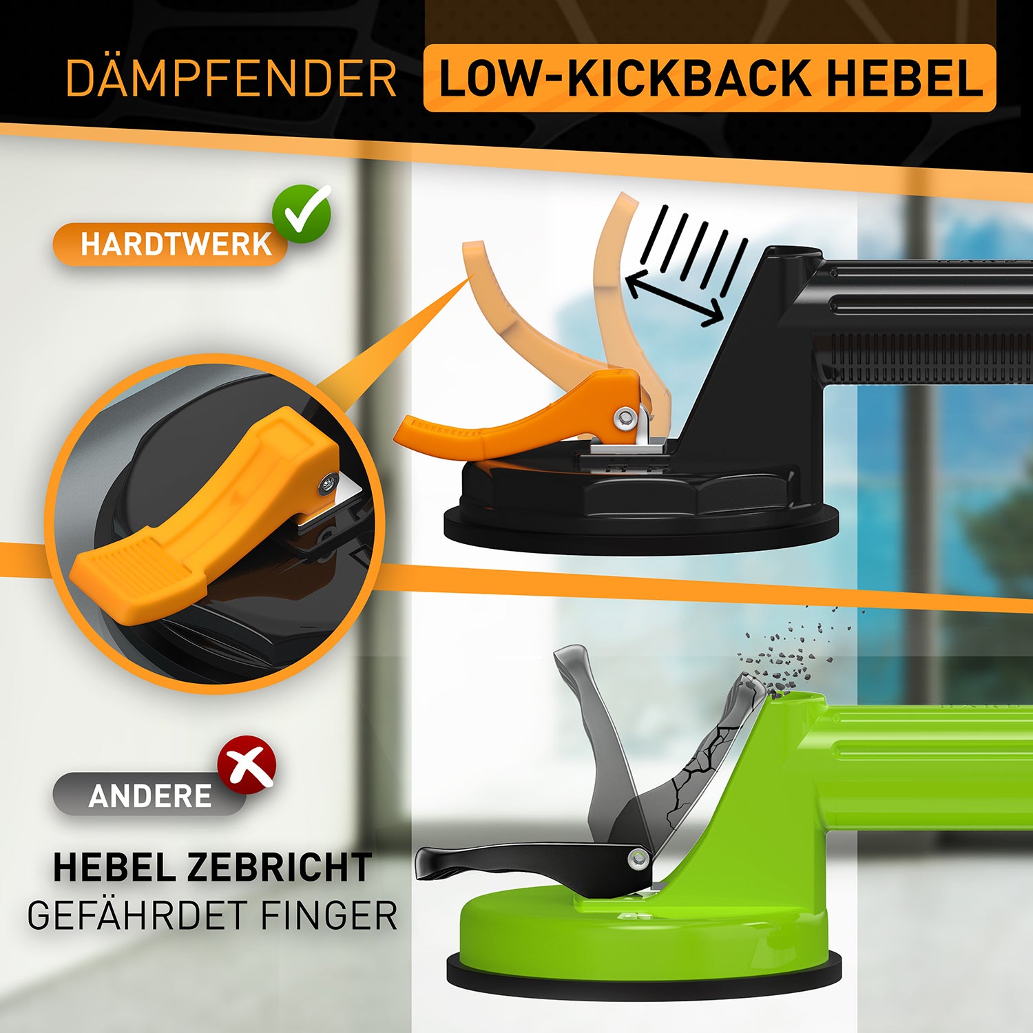 Multifunktionaler Saugheber - 2er Set mit dämpfendem Low-Kickback Hebel für sichere Handhabung und stabilen Halt bei bis zu 120 KG.