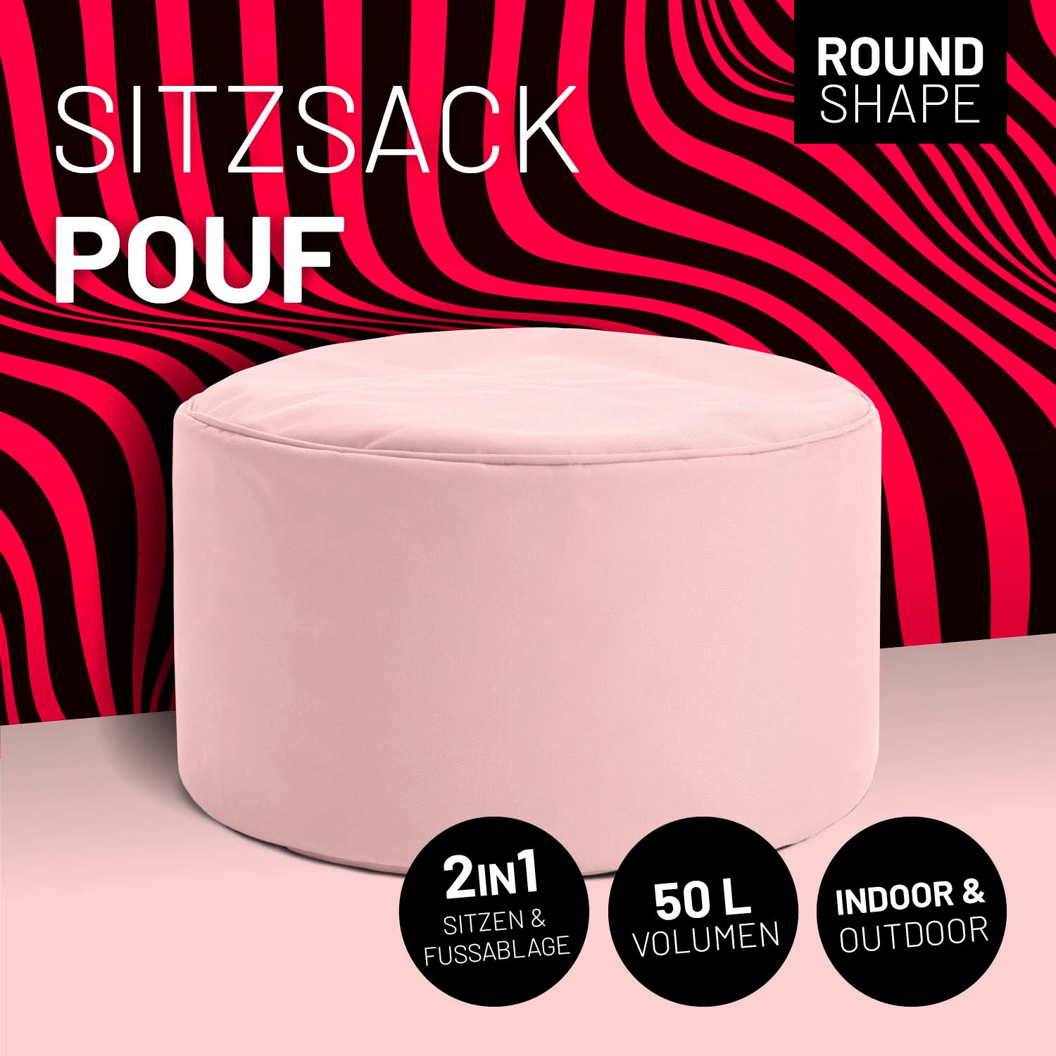 Sitzsack-Hocker/Pouf (50 L) - indoor & outdoor - Pastell Pink, multifunktional als Sitzhocker und Fußschemel nutzbar.