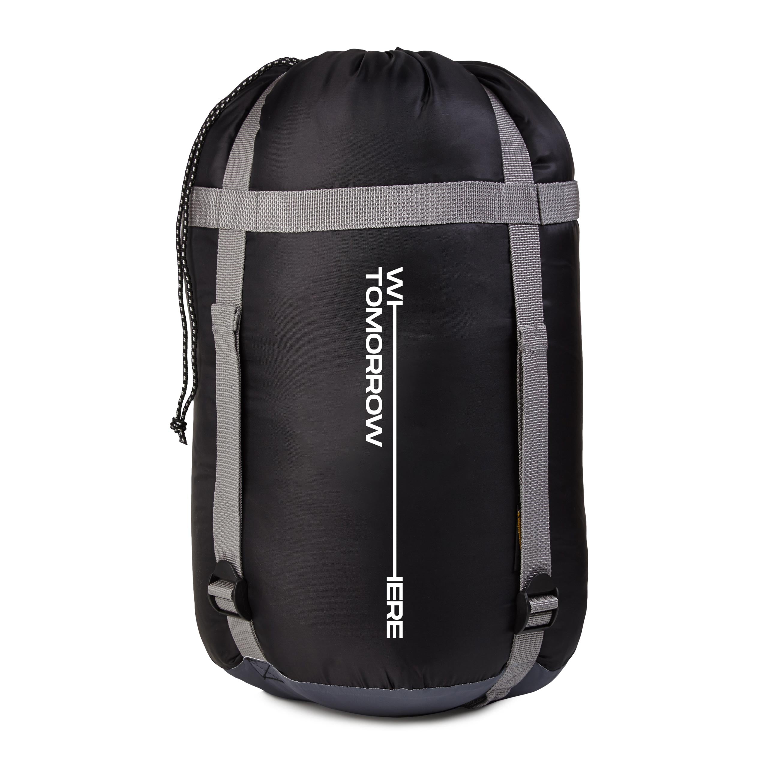 Camping Schlafsack Classic - Mumienschlafsack mit Tasche in Grau-Schwarz, kompakt verpackt im praktischen Packsack.