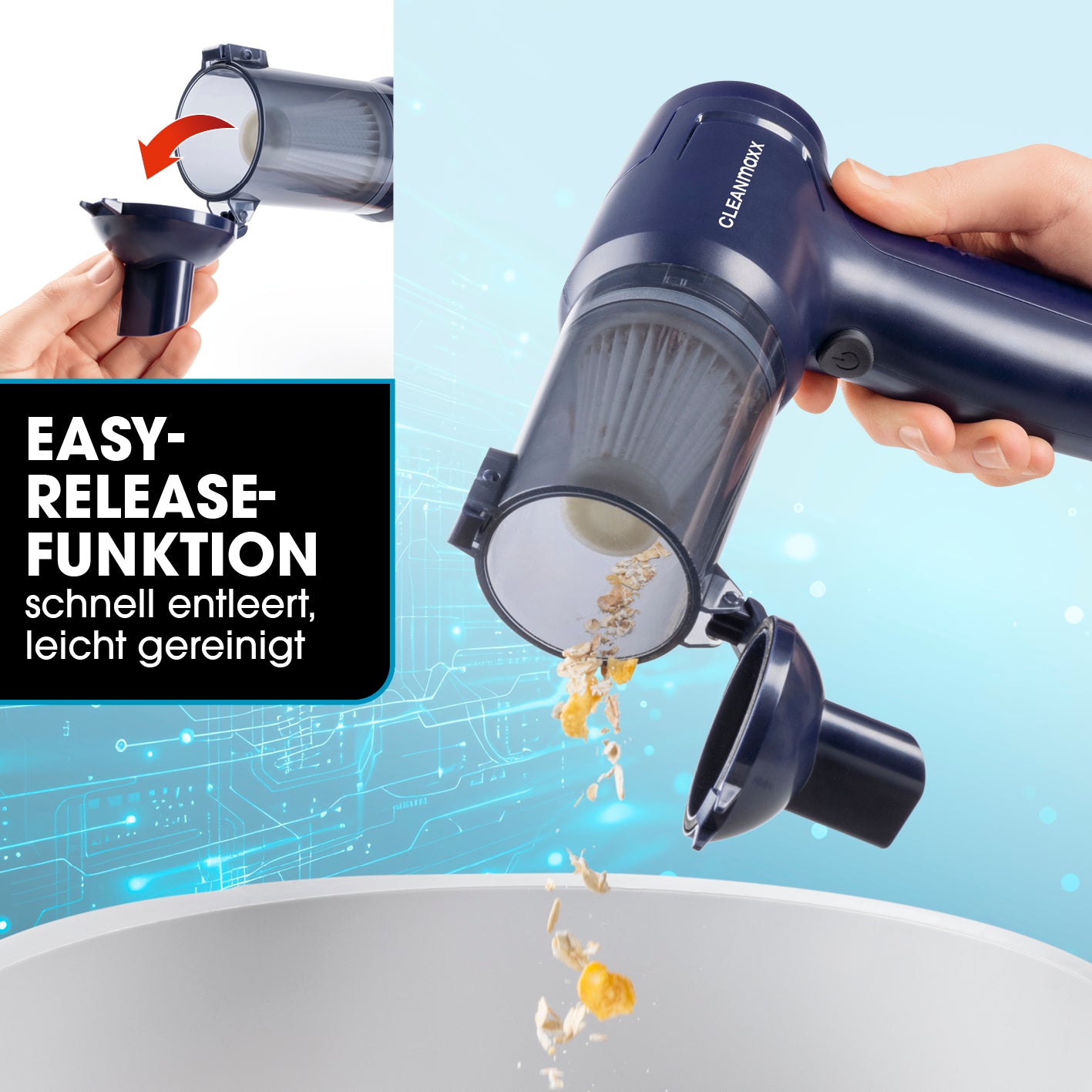2in1-Akkusauger mit Saug- & Gebläsefunktion zeigt Easy-Release-Funktion zum schnellen Entleeren des 100-ml-Staubbehälters.