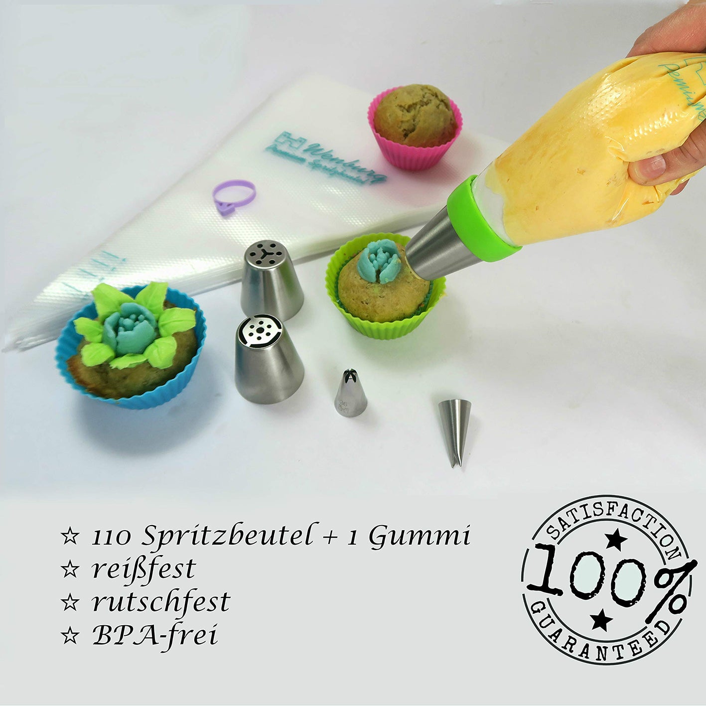 Einwegspritzbeutel - 110-tlg. Set mit Tüllen und Verschlussband zum Verzieren von Kuchen, Muffins und Cupcakes, BPA-frei und reißfest.
