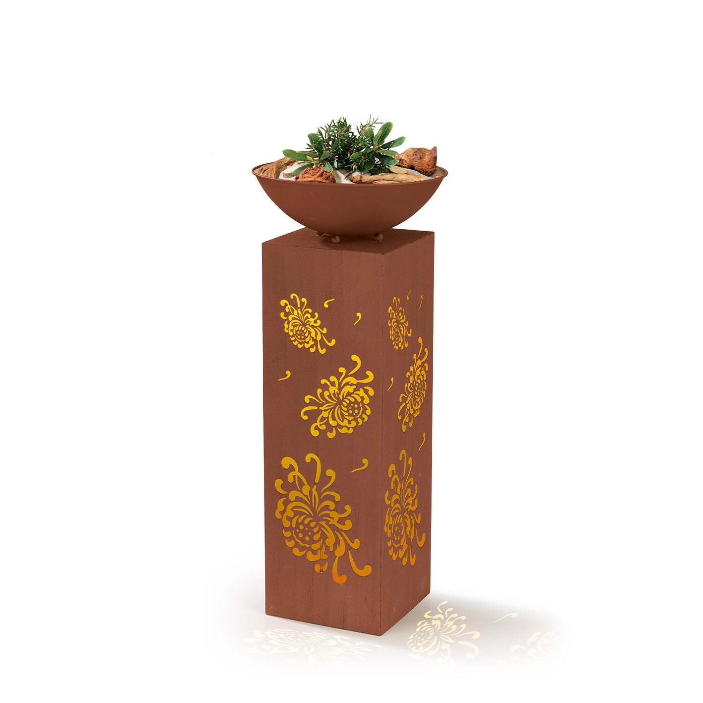 LED-Dekosäule mit Planzschale Rost-Optik "Bauernrose" 87 cm mit floralem Design und LED-Beleuchtung, ideal für Indoor und Outdoor.