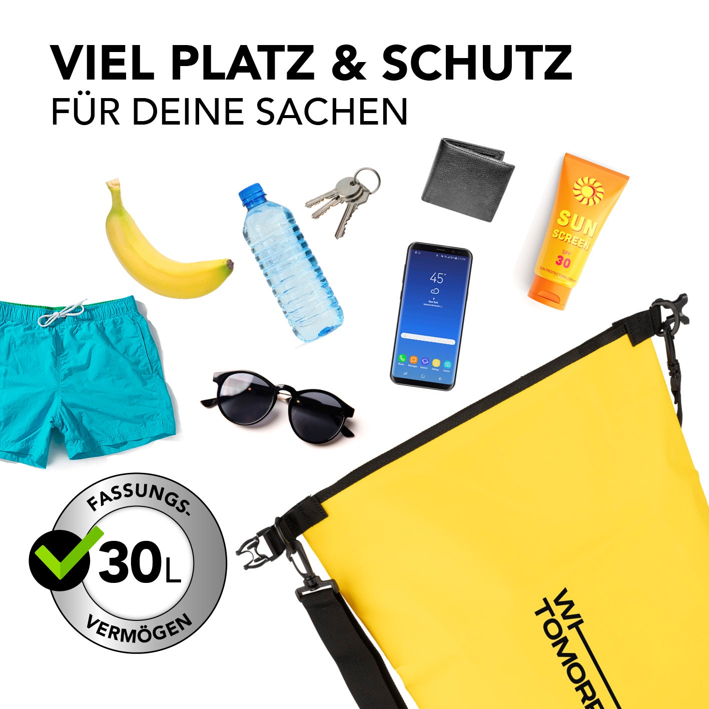 Dry Bag 30L - Style 01 - Gelb wasserdichter, robuster Outdoor-Rucksack mit 30L Fassungsvermögen und verstellbarem Schultergurt.