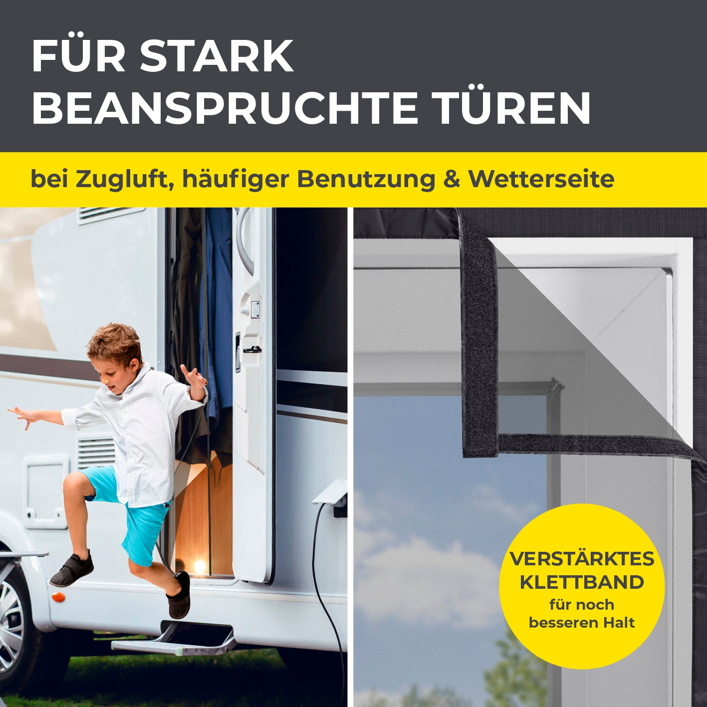 Insektenschutzvorhang für Wohnwagen - 60 x 195 cm mit verstärktem Klettband und extra starker Magnetbefestigung für stark beanspruchte Türen.