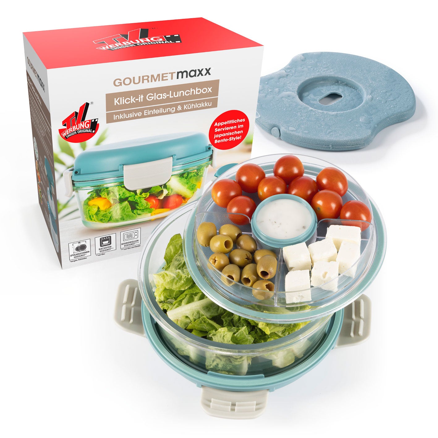 Glas-Lunchbox Klick-it mit integriertem Kühlakku, 950 ml, grau/grün, mit unterteiltem Innenbehälter und dicht schließendem Deckel.