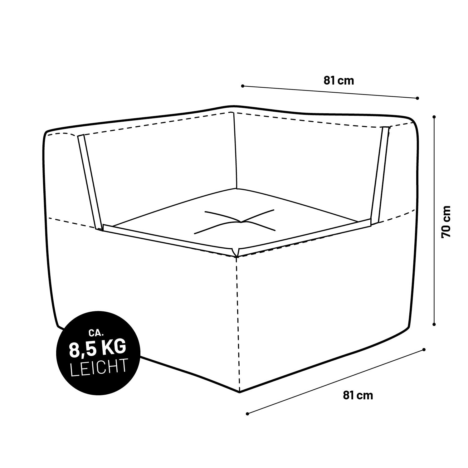 Sitzsack-Sofa Ecke (340 L) - Modulares System - indoor & outdoor - Rotwein mit 81x81x70 cm und ca. 8,5 kg leichtem Gewicht.