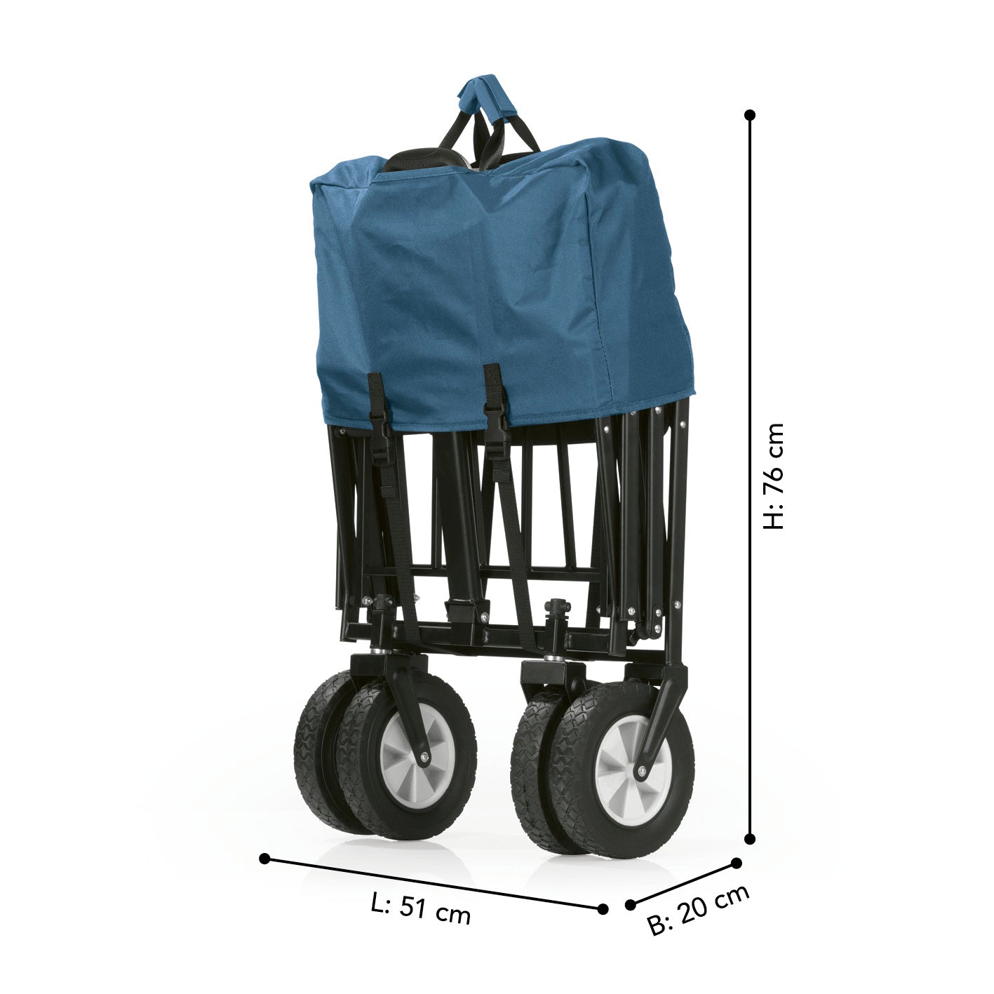 Bollerwagen faltbar - blau/grau mit stabilem Stahlrohrrahmen, wetterfestem Bezug, 360° drehbaren Rädern und Teleskopgriff, 80 kg Tragfähigkeit.
