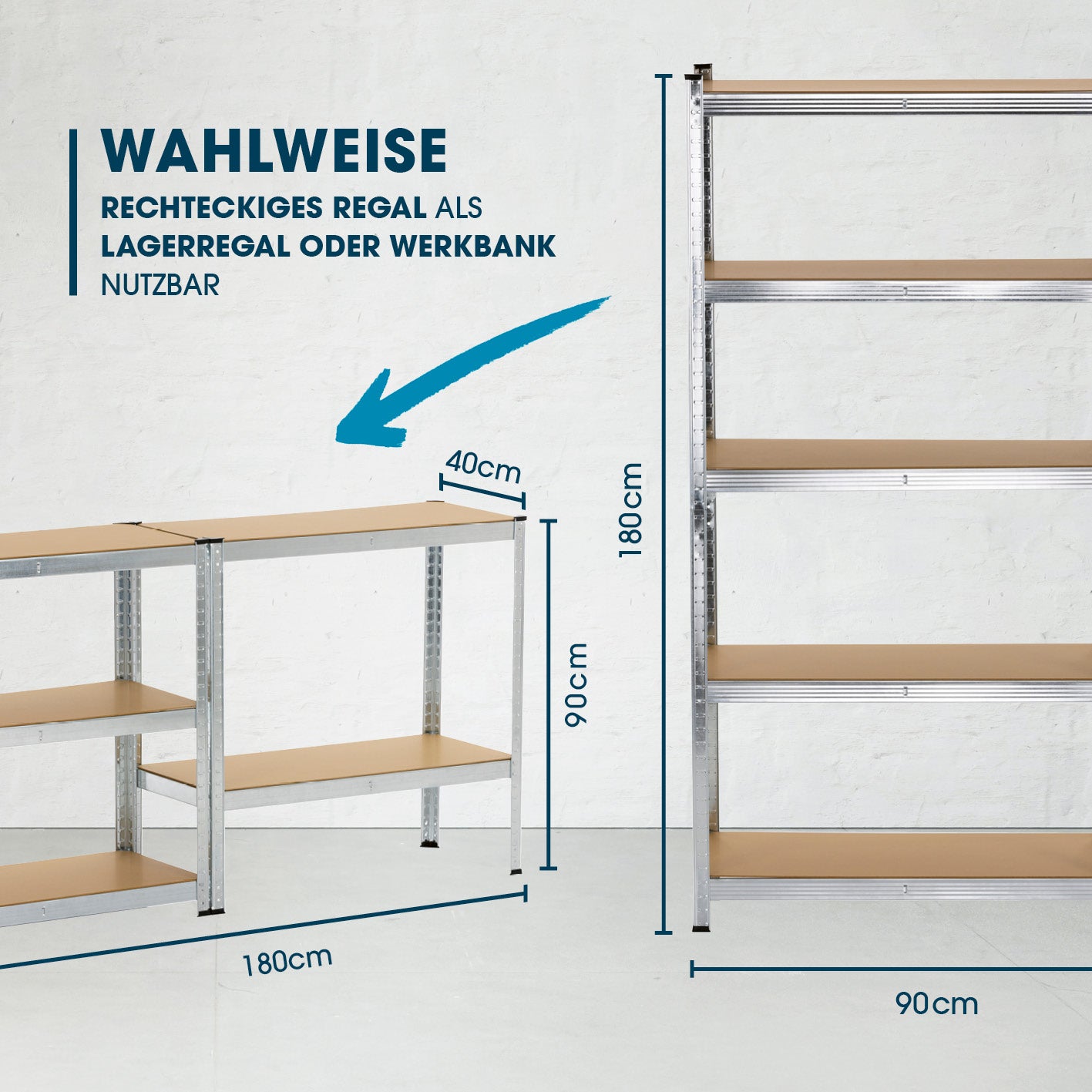 Schwerlastregal & Werkbank 2er-Set - 1750 kg Traglast, 175 kg pro Ebene - TÜV-geprüft als Lagerregal oder Werkbank nutzbar.