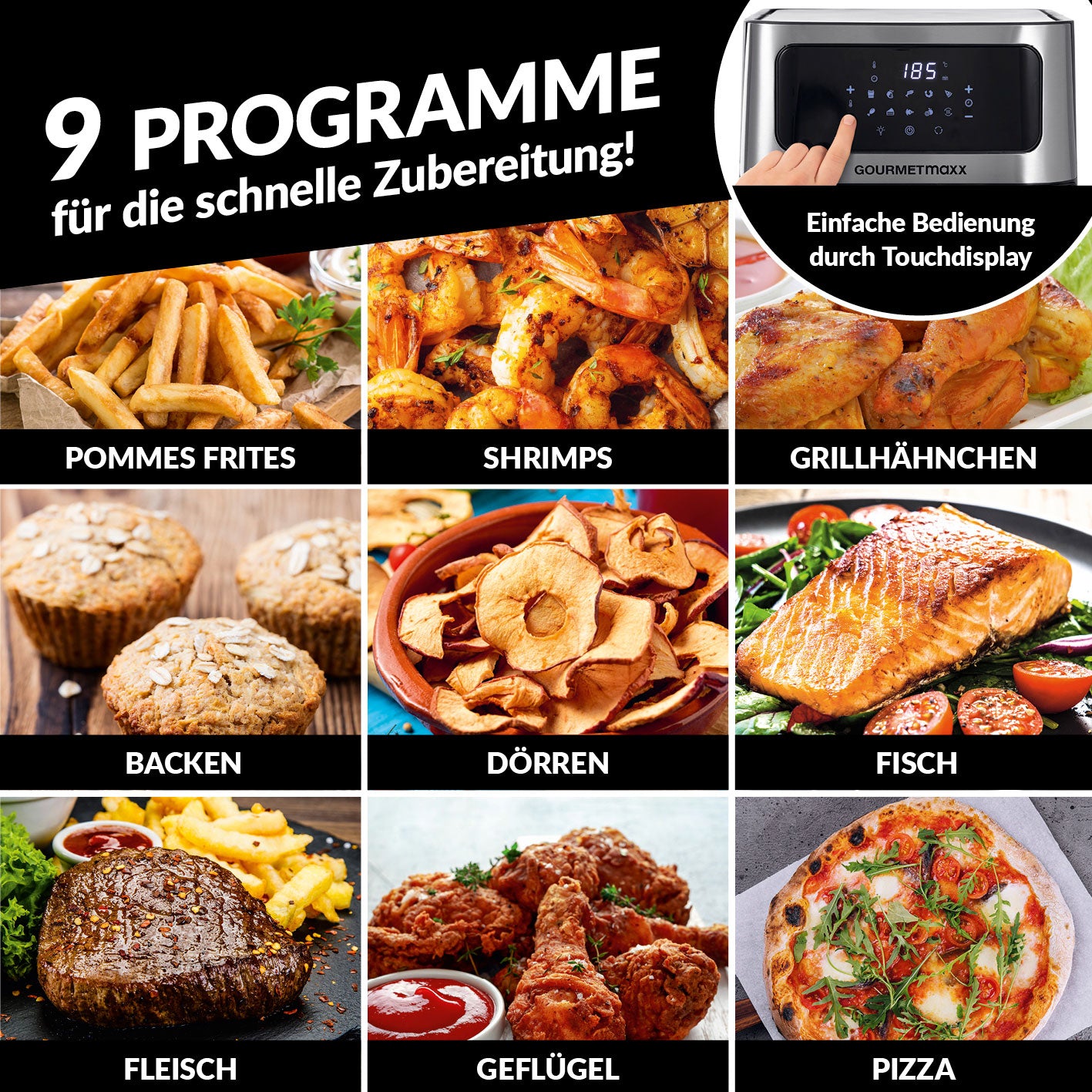 Heißluft-Ofen Digital mit Sichtfenster - 12l mit 9 Programmen, Touchdisplay und schneller, fettarmer Zubereitung für vielseitige Gerichte.