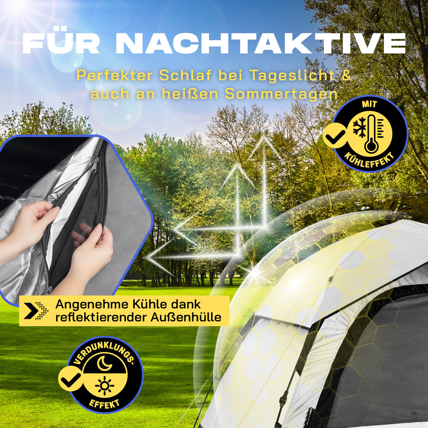 Pop-up-Wurfzelt für 4 Personen mit Kühleffekt - weiß/schwarz mit reflektierender Außenhülle für kühlen Schlaf bei Tageslicht und Hitze