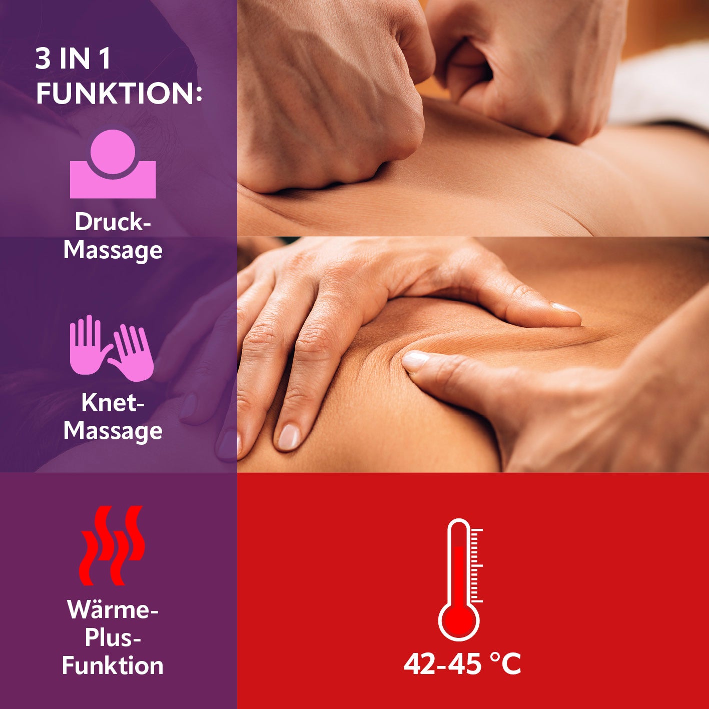 Shiatsu-Massagegerät mit 3-in-1 Funktion: Druck-, Knetmassage und Wärmefunktion zur entspannten Muskelpflege bei 42-45 °C.