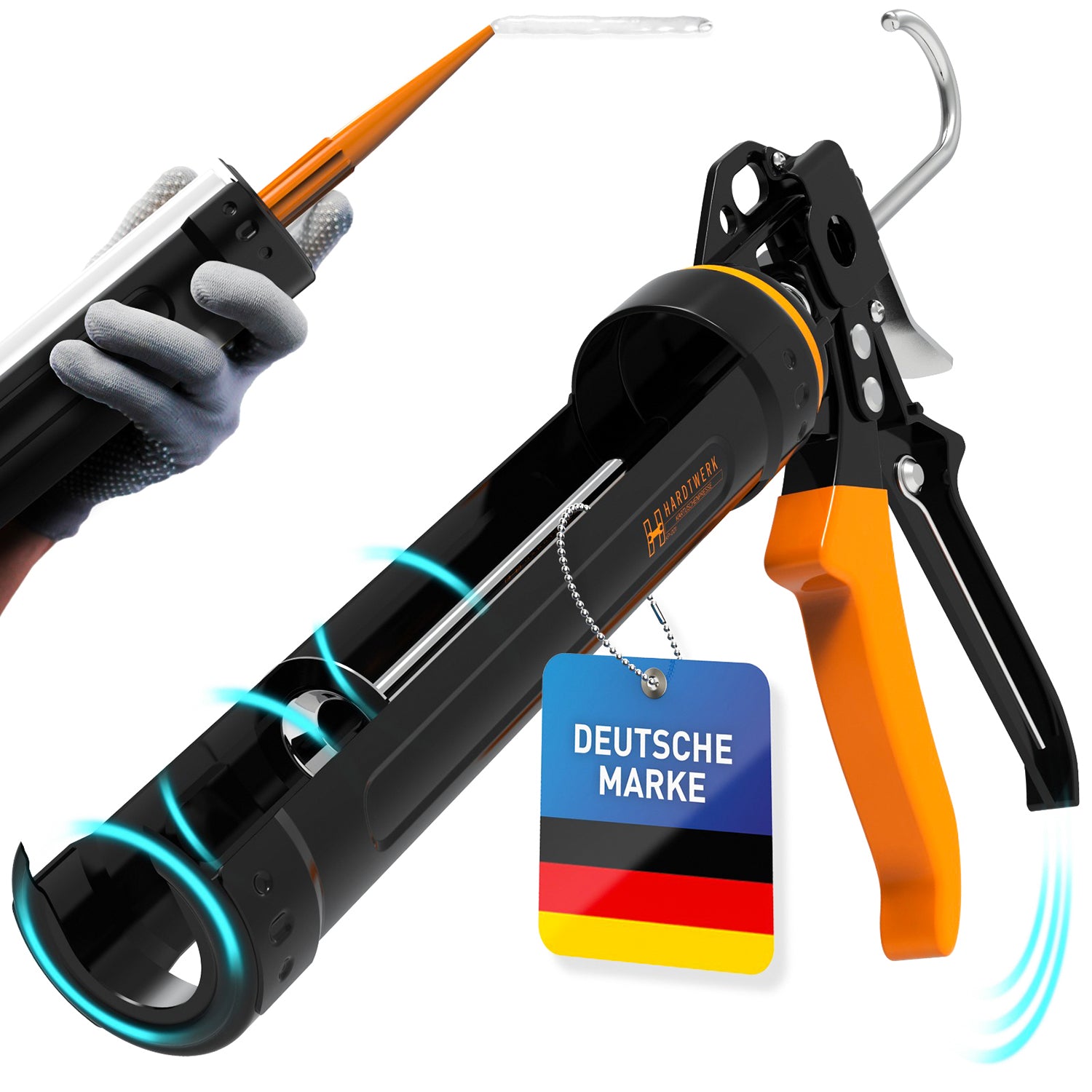 Profi Kartuschenpresse mit Kartuschen-Cutter zeigt präzises Design mit 18:1 Übersetzung und praktischer Handhabung inklusive Cutter und 360° Drehung.