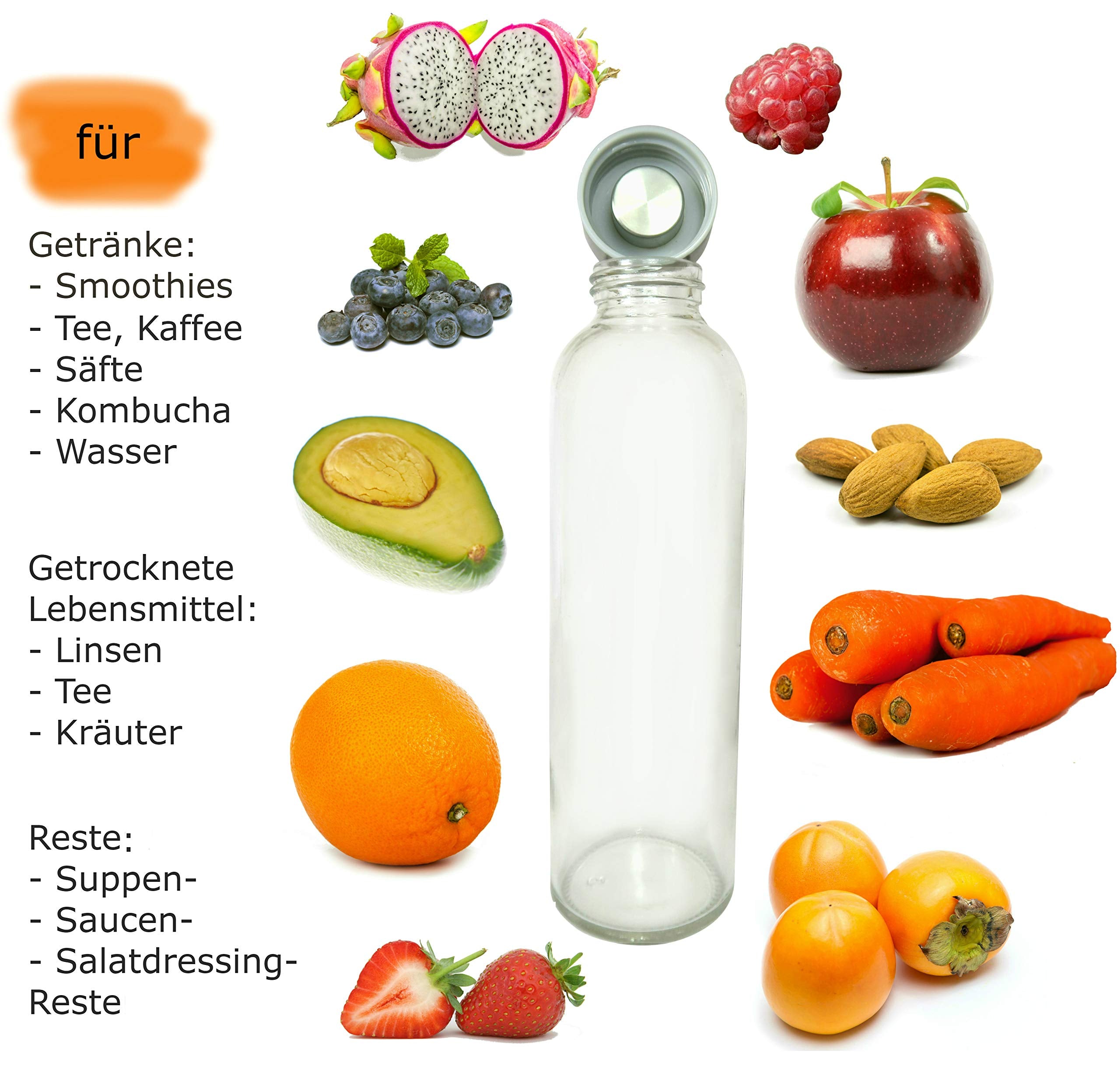 Glasflaschen-Set - 6 Stück à 500 ml, robuste Kalk-Natron-Glasflaschen für heiße und kalte Getränke, auslaufsicher und leicht zu reinigen.
