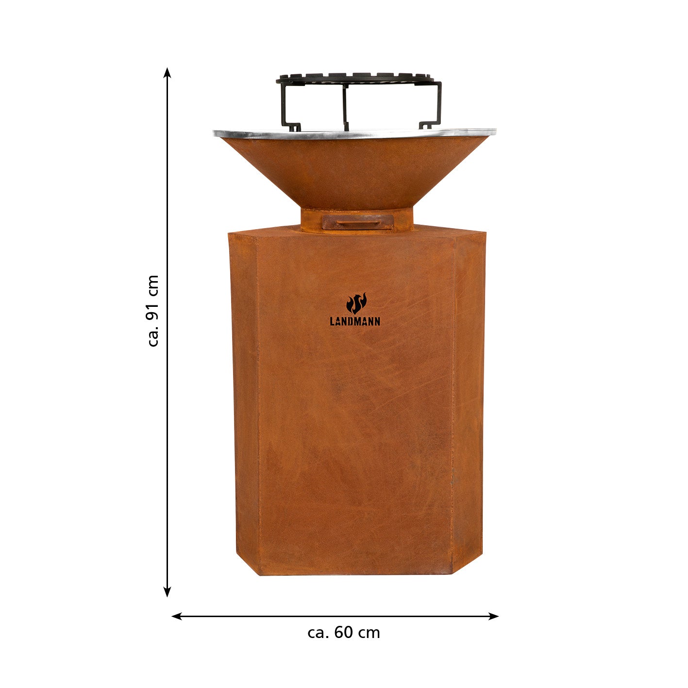 Feuerschale aus Cortenstahl mit Standfuß - 60 cm, inklusive Plancha-Grill, stabilem Unterbau und trendigem Rost-Design.
