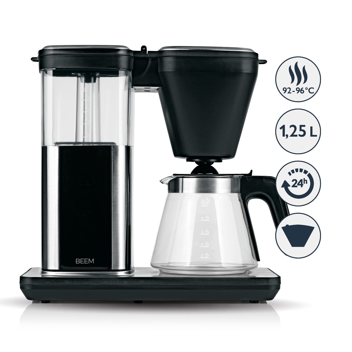 Filterkaffeemaschine - Glas mit 1,25 l Glaskanne, Aroma-Plus-Funktion, digitalem Display und 24-Stunden-Timer für perfekten Kaffeegenuss.