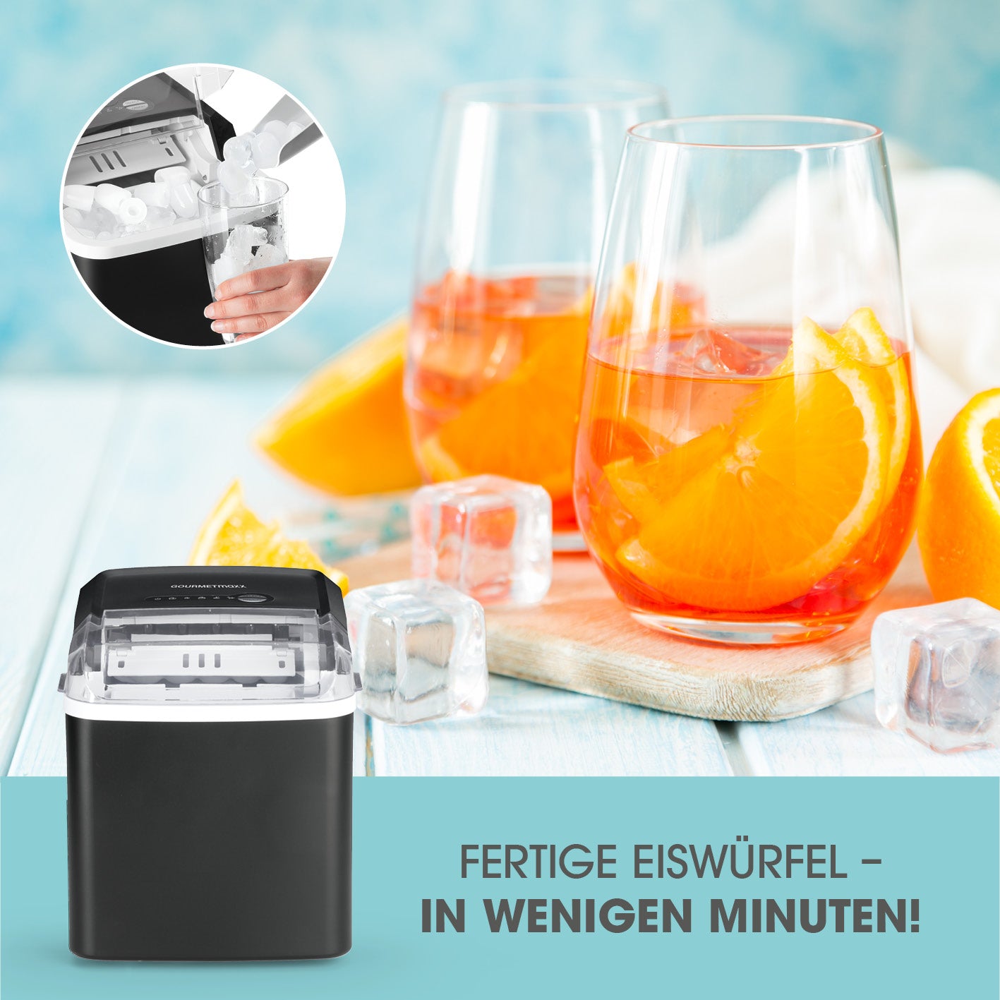 Moderner Eiswürfelbereiter mit 1,3 L Wassertank und herausnehmbarem Eisbehälter für schnellen Eiswürfelgenuss.