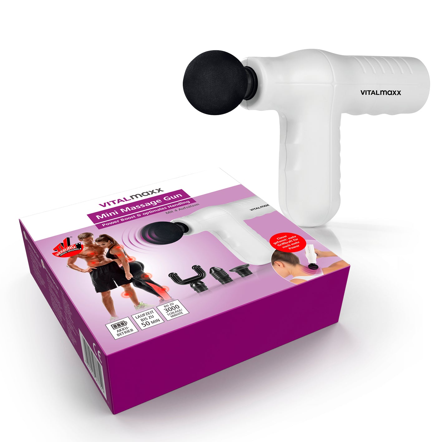 Mini Massage Gun Smart Grip - Weiß mit ergonomischem Design, 5 Stufen, 4 Aufsätzen und 50 Min Laufzeit für effektive Muskelmassage.