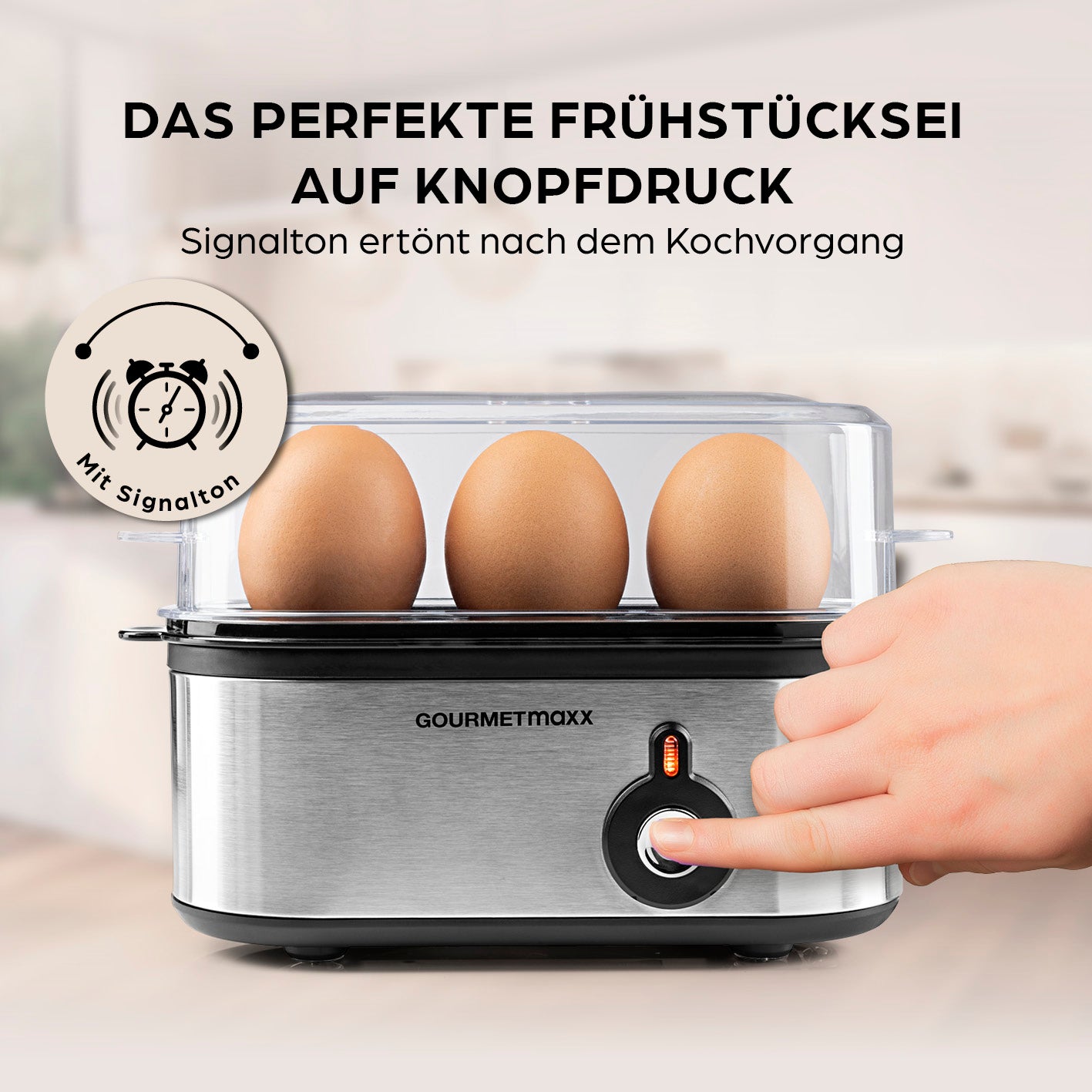 Design-Eierkocher 3 Eier - Edelstahl mit Signalton für perfektes Frühstücksei auf Knopfdruck und platzsparendem, schnellem Kochen