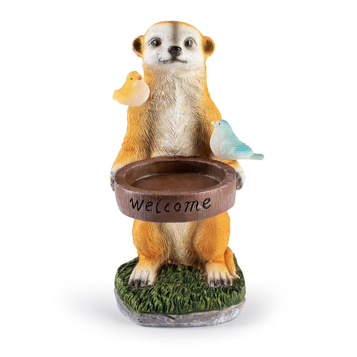 Solarleuchte Erdmännchen als Vogeltränke mit Vogelpaar, LEDs und "welcome" Schriftzug, solarbetrieben, Gartendeko und Lichtquelle.