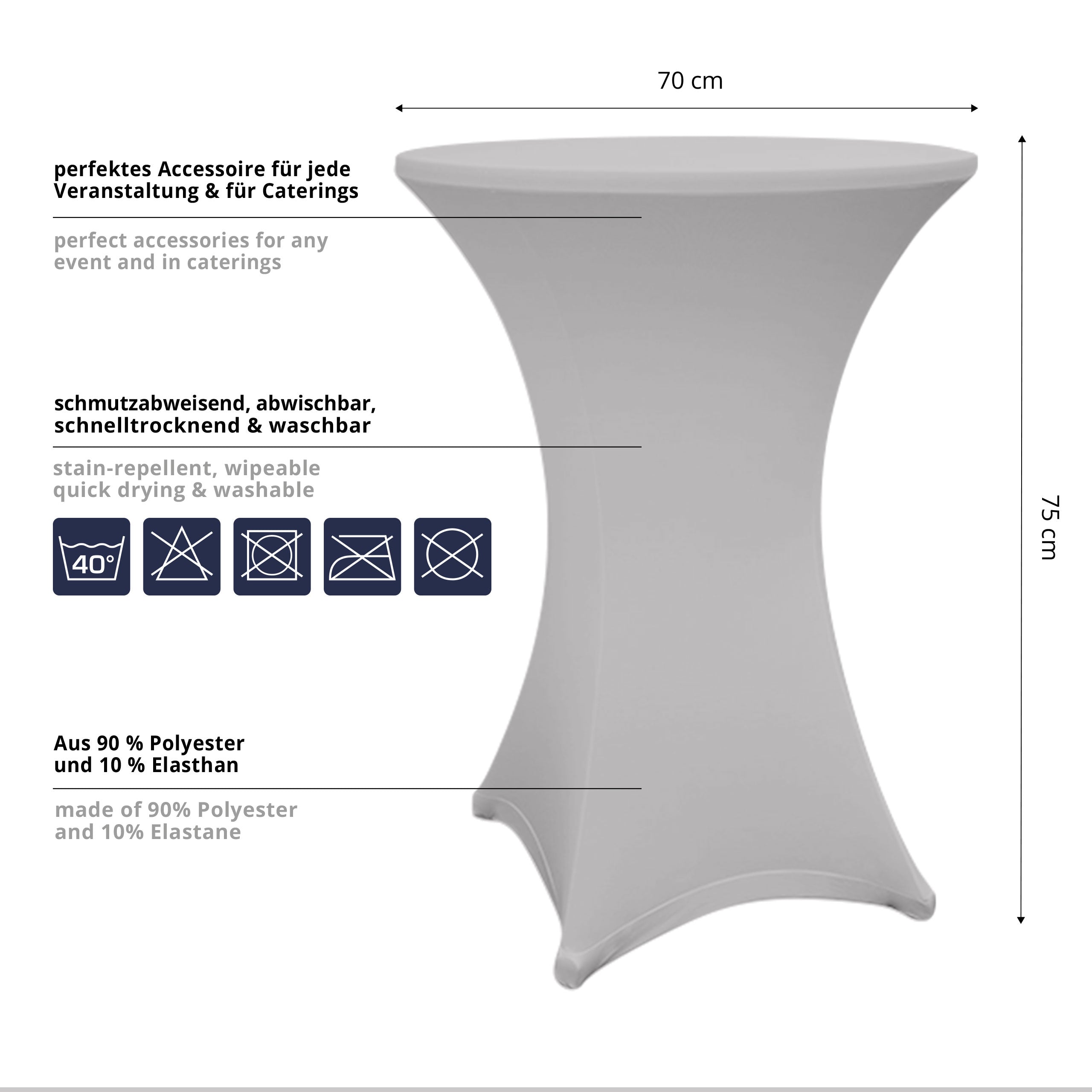 Stehtischhusse Ø 70-75 cm Silbergrau 2er-Set, schmutzabweisend, abwischbar, schnell trocknend, perfekte Passform, waschbar bei 40°C