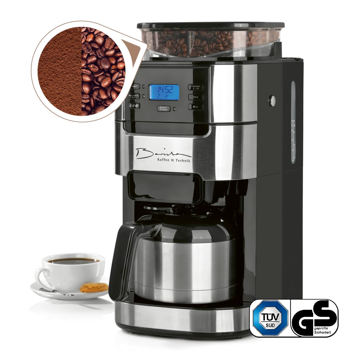 Kaffeemaschine mit Mahlwerk mit Isolierkanne - 1000 Watt, Edelstahl/schwarz, mit digitalem Bedienfeld und 24-Stunden-Timer.