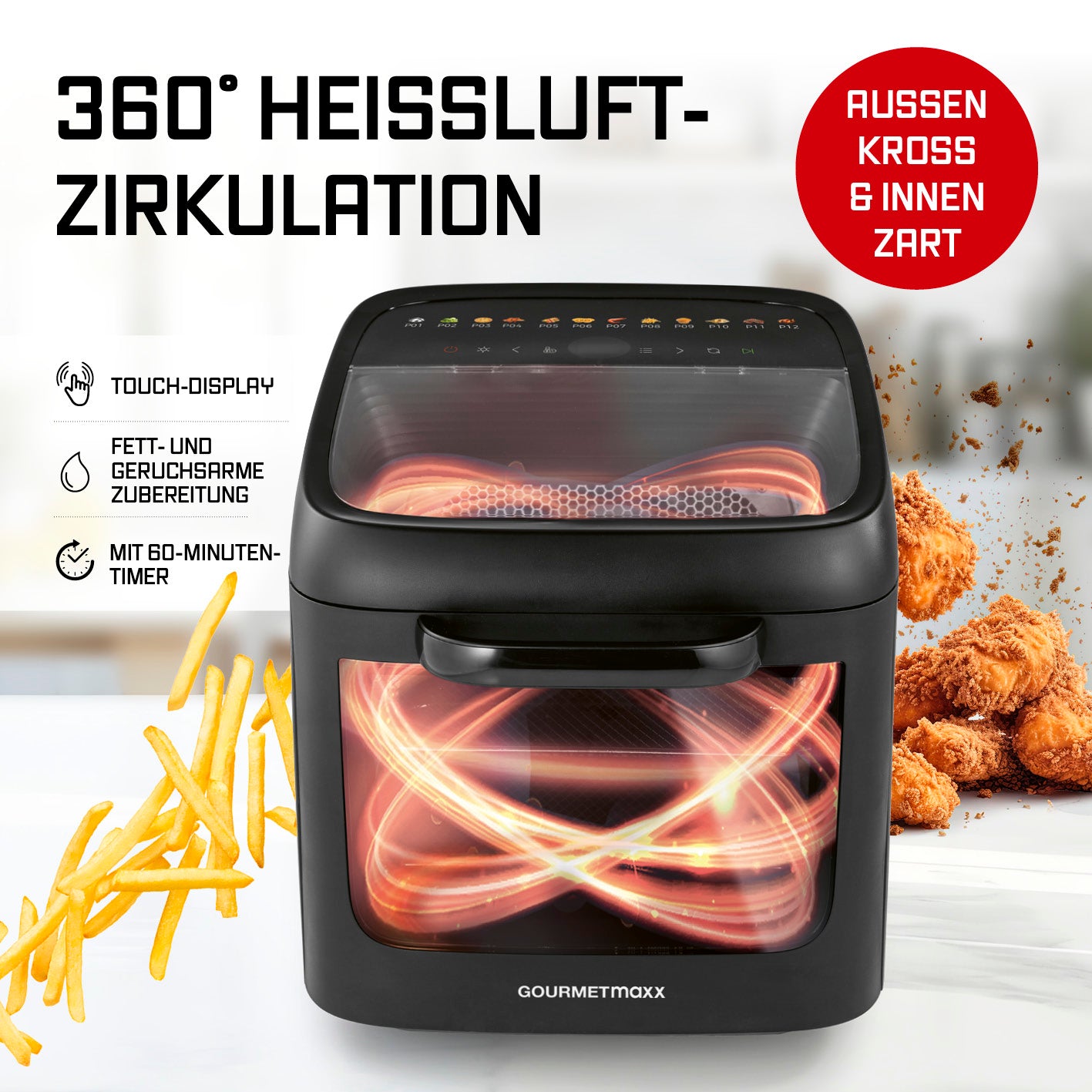 Heißluftofen mit Panoramadach und Frontfenster - 12,5 l mit 360° Heißluftzirkulation, Touchdisplay und 60-Minuten-Timer.