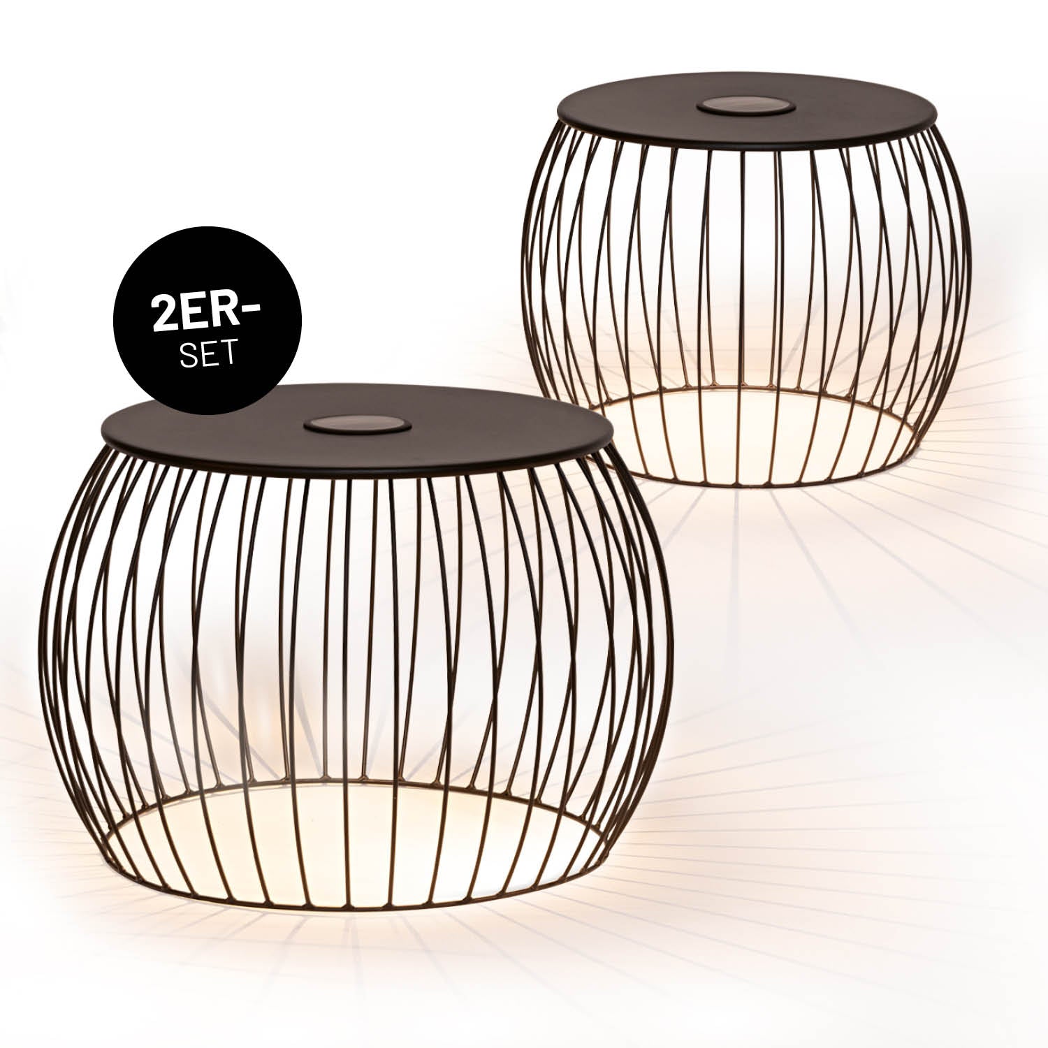 Beistelltisch - 2er-Set moderne, runde Metalltische mit LED-Licht, solarbetrieben, für Innen und Außen geeignet.