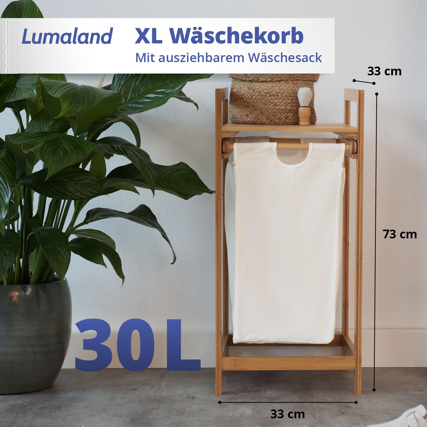 Bambus Wäschekorb mit ausziehbarem Wäschesack - 33 x 33 x 73 cm - Weiß, stilvoller und platzsparender Wäschebehälter.